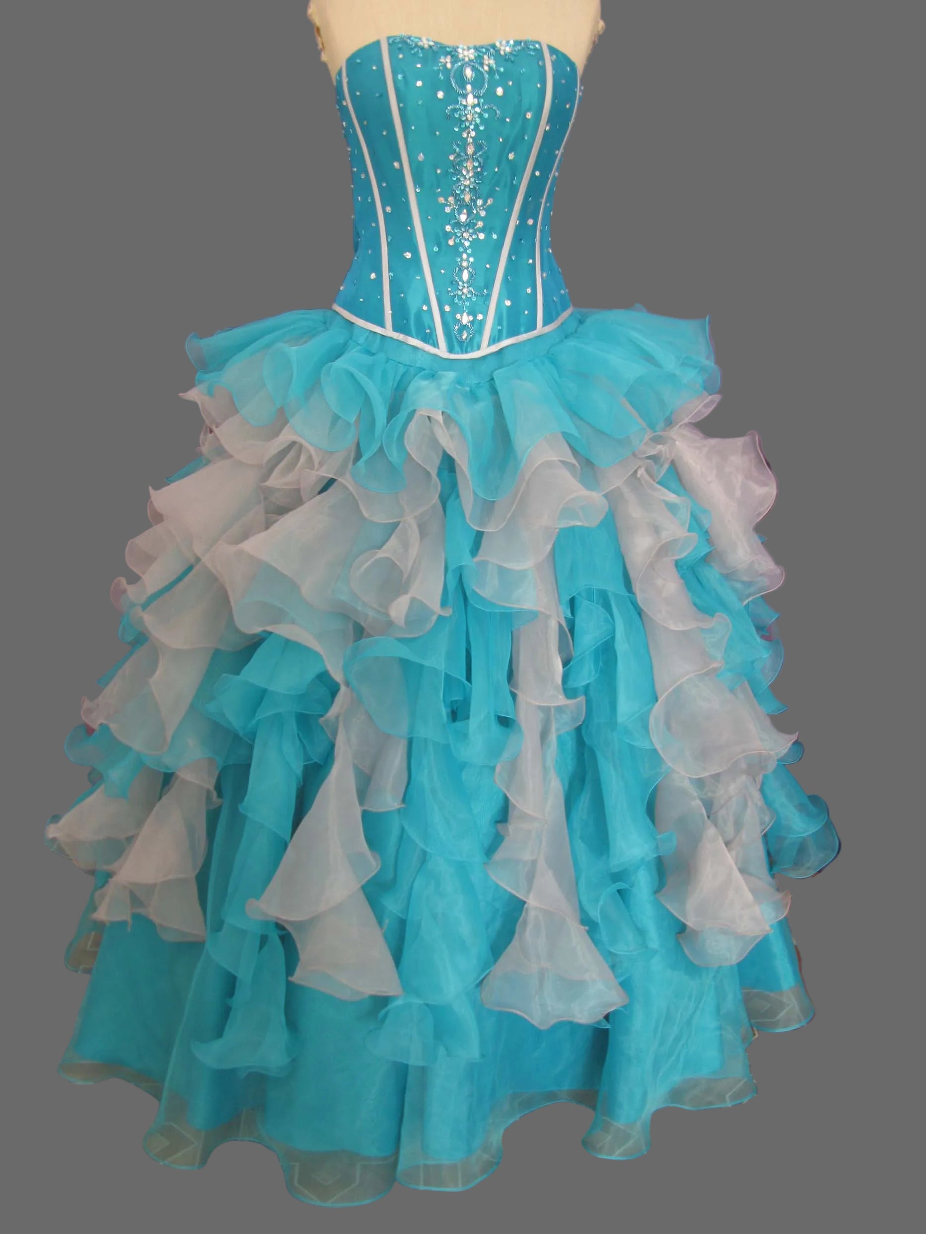 Turquoise and White Ball Gown Quinceanera Dress Strapless Corset Beaded Organza Ruffle Prom Pageant Formal Gown