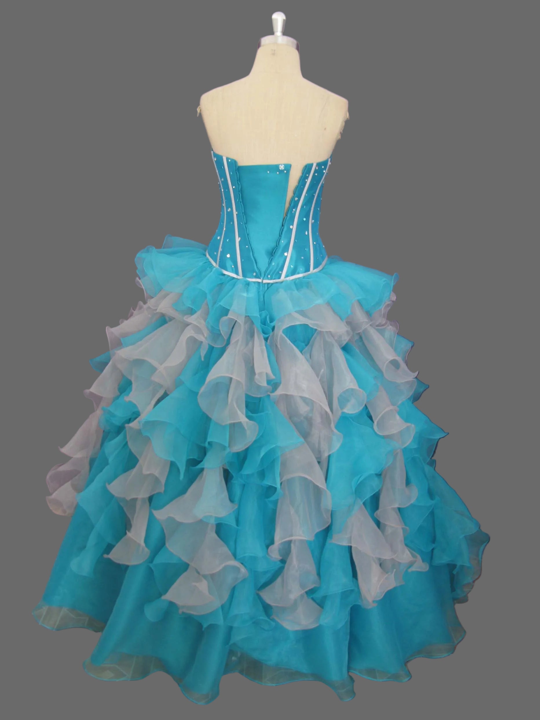 Turquoise and White Ball Gown Quinceanera Dress Strapless Corset Beaded Organza Ruffle Prom Pageant Formal Gown