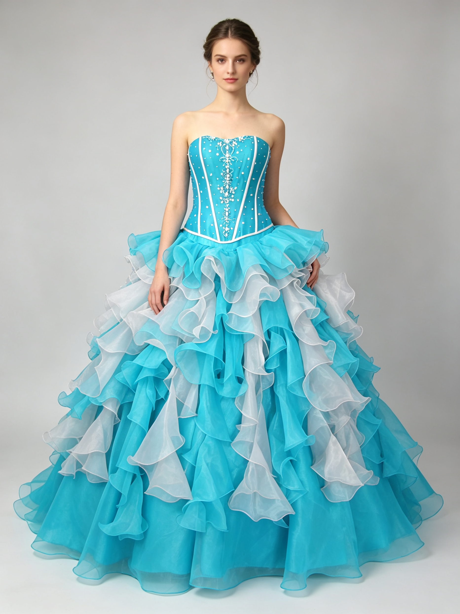 Turquoise and White Ball Gown Quinceanera Dress Strapless Corset Beaded Organza Ruffle Prom Pageant Formal Gown