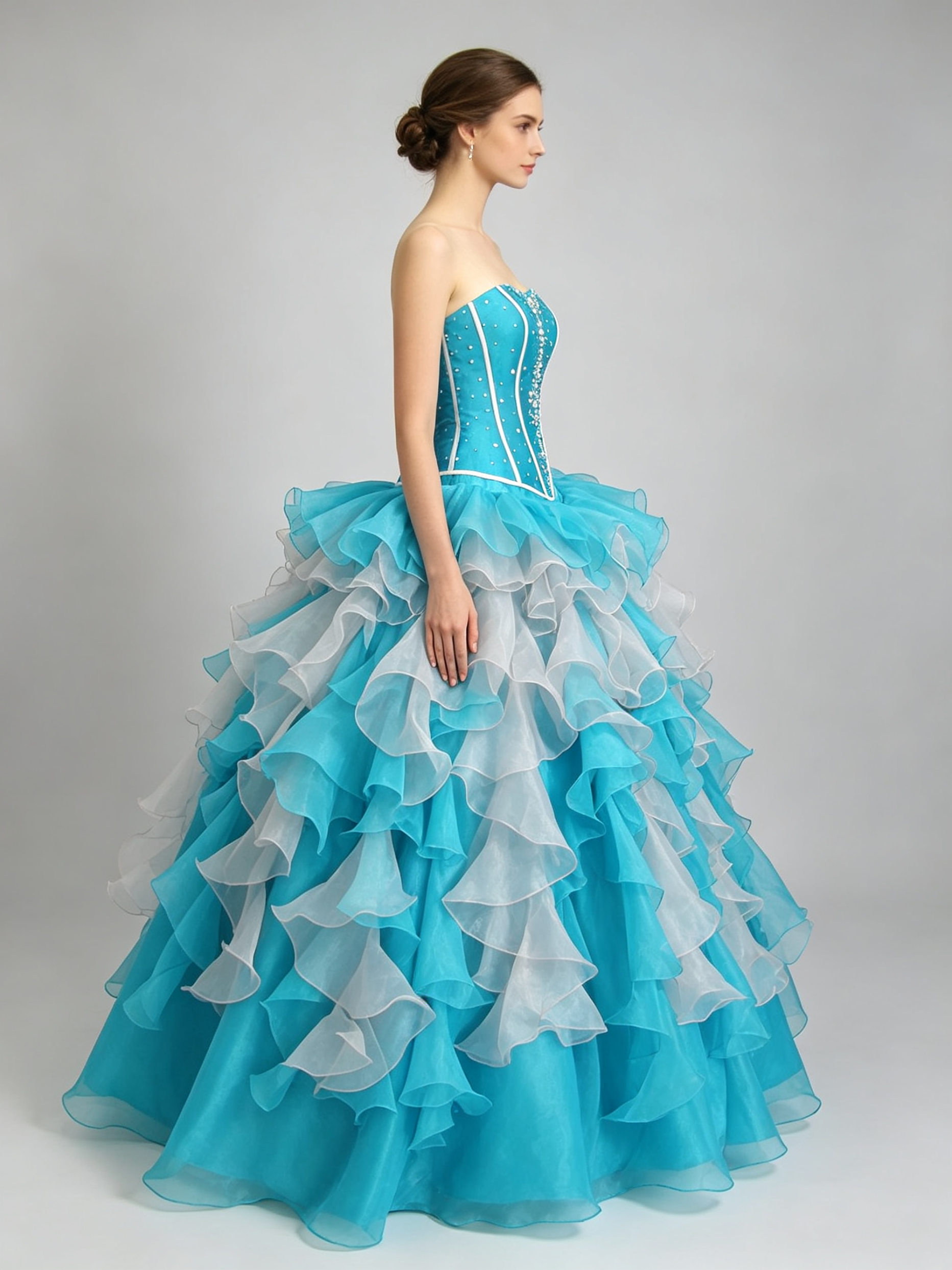 Turquoise and White Ball Gown Quinceanera Dress Strapless Corset Beaded Organza Ruffle Prom Pageant Formal Gown