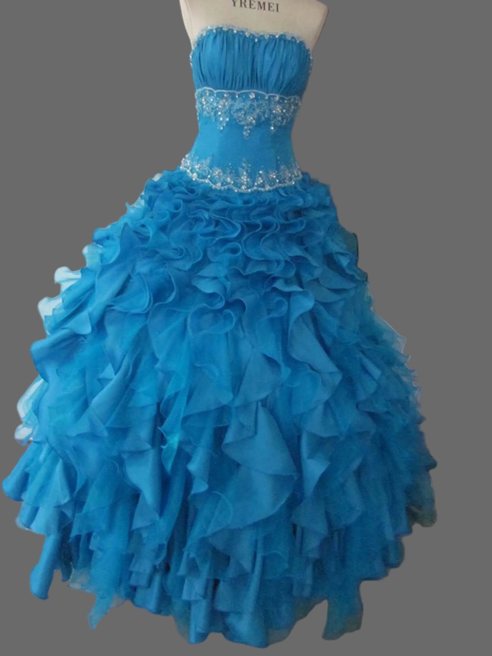 Turquoise Blue Quinceanera Ball Gown | Strapless Ruffled Organza Dress with Crystal Waistband