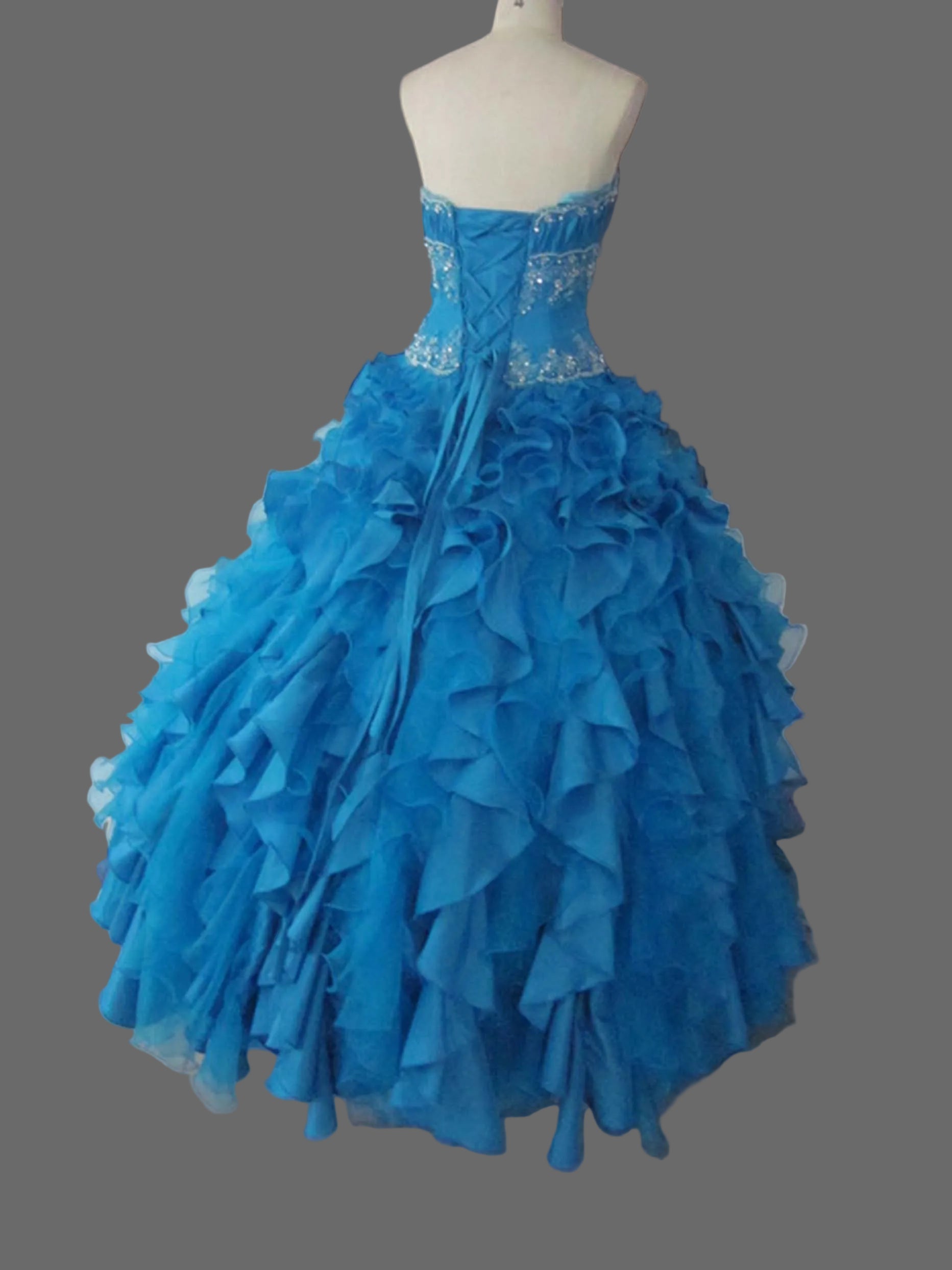 Turquoise Blue Quinceanera Ball Gown | Strapless Ruffled Organza Dress with Crystal Waistband