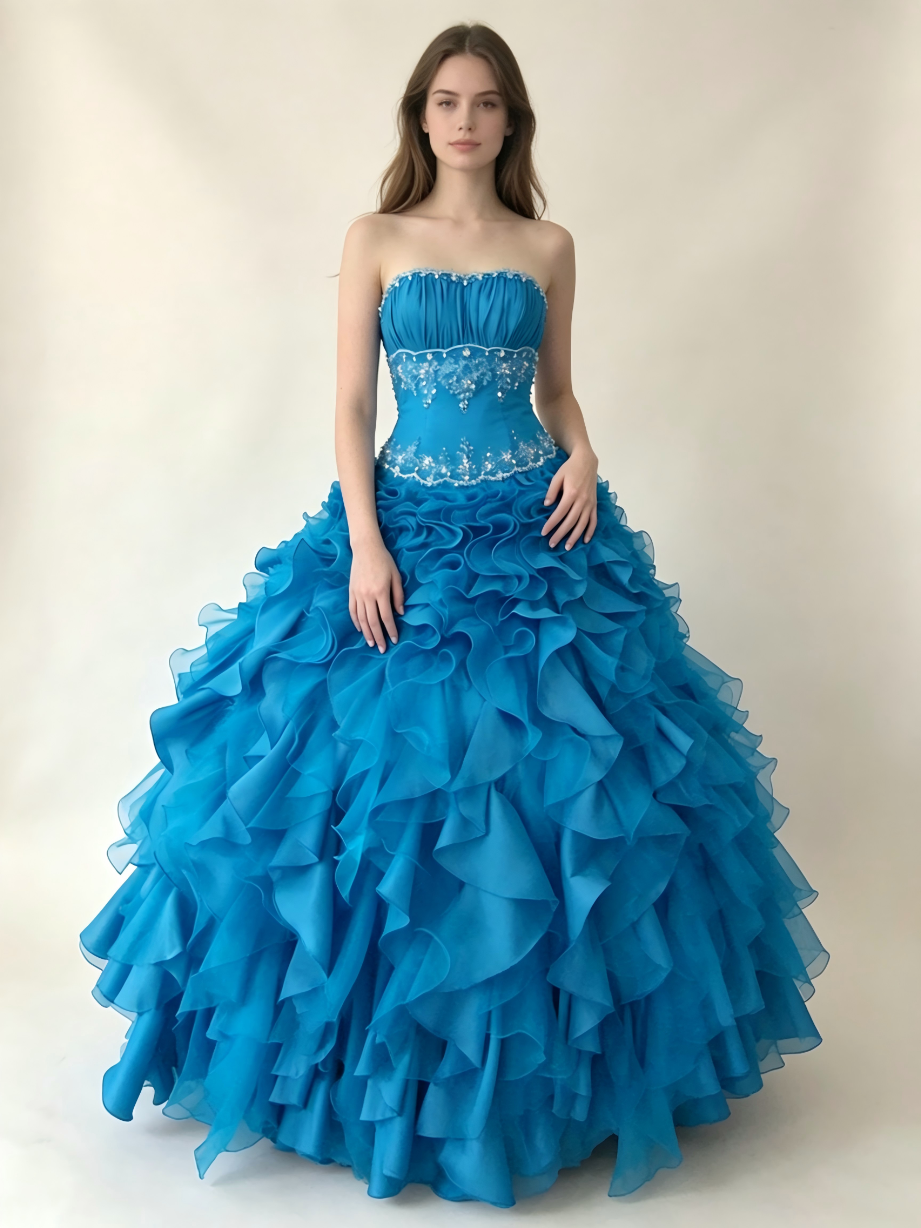 Turquoise Blue Quinceanera Ball Gown | Strapless Ruffled Organza Dress with Crystal Waistband