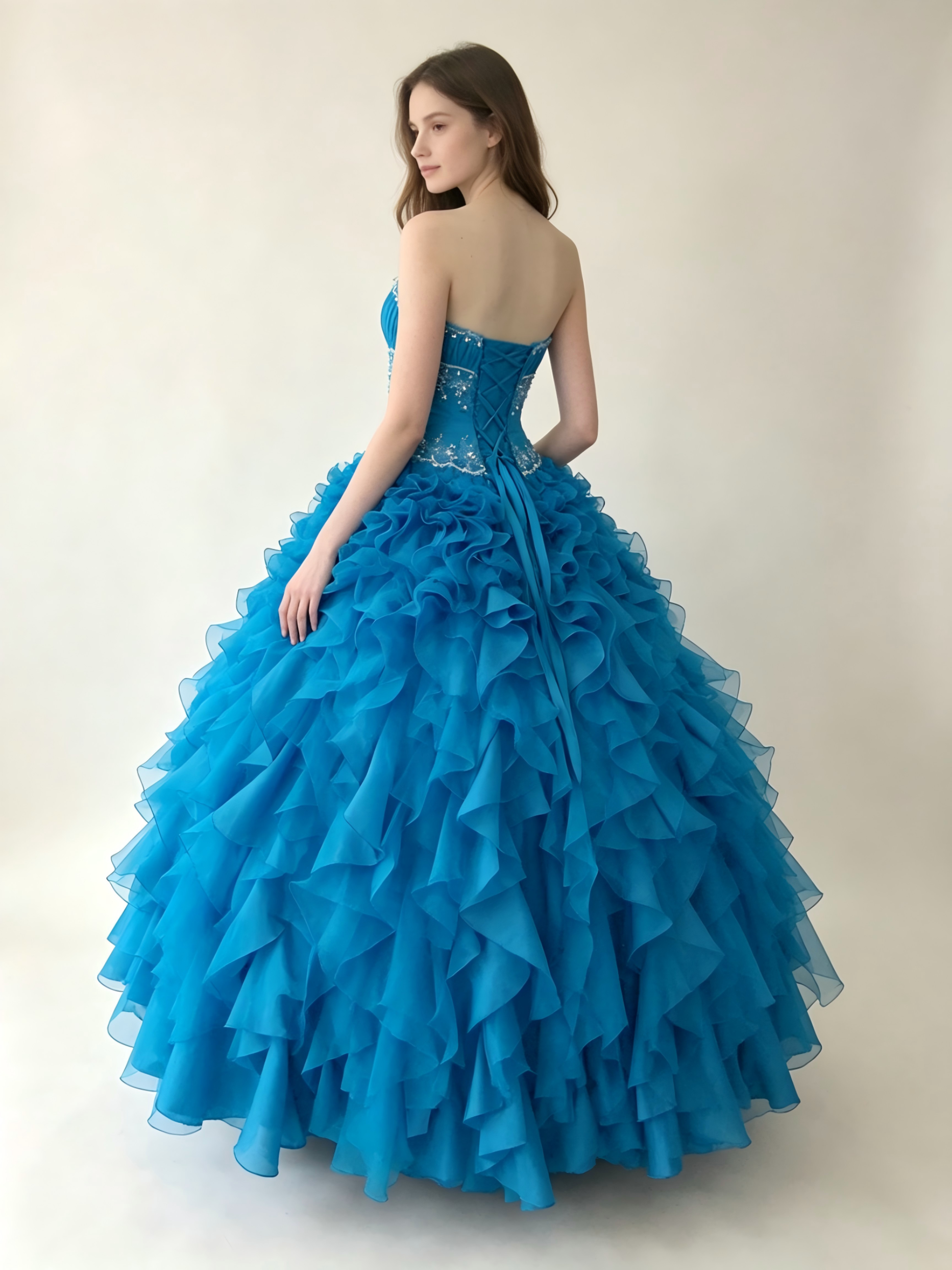 Turquoise Blue Quinceanera Ball Gown | Strapless Ruffled Organza Dress with Crystal Waistband