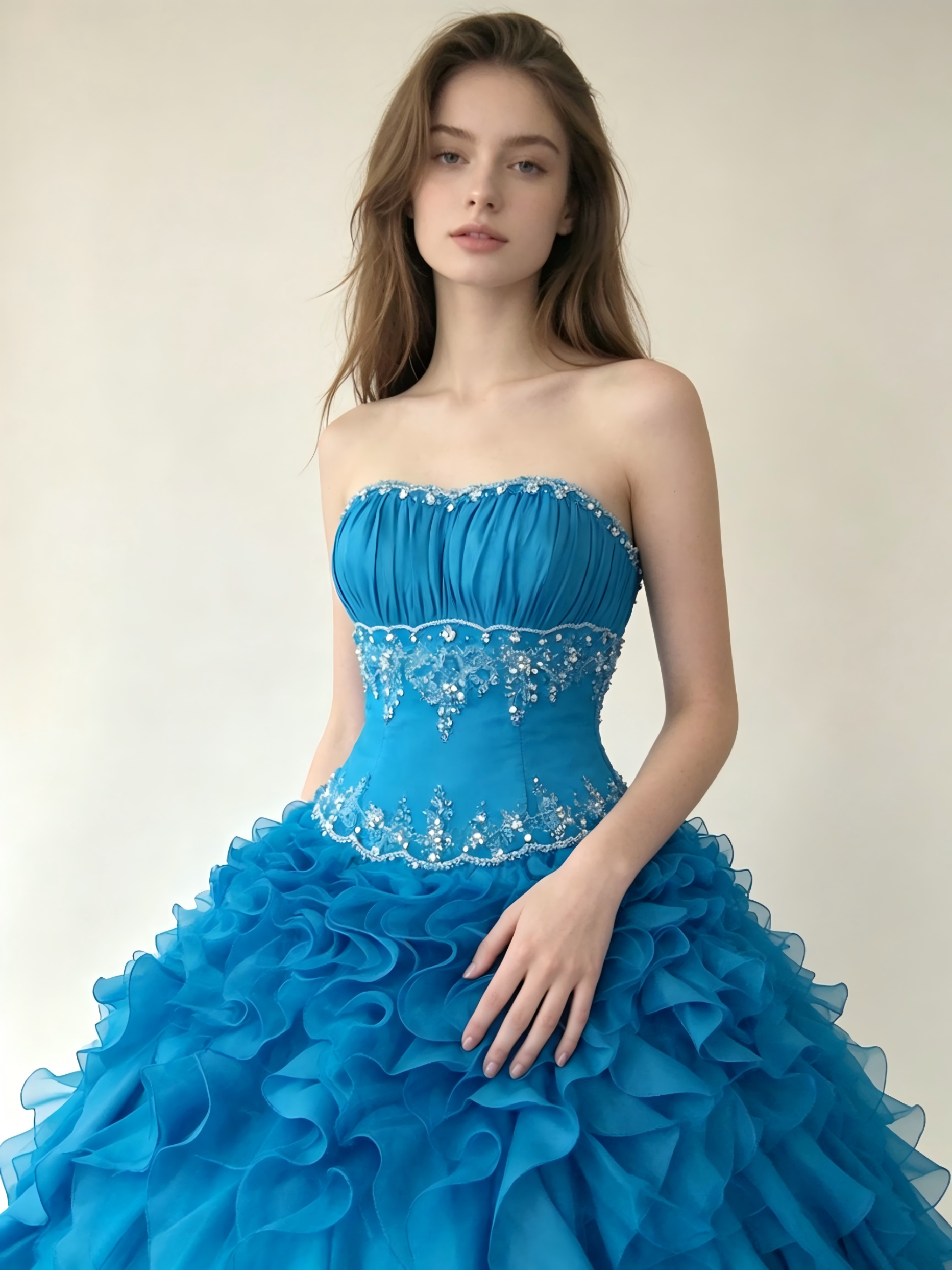 Turquoise Blue Quinceanera Ball Gown | Strapless Ruffled Organza Dress with Crystal Waistband