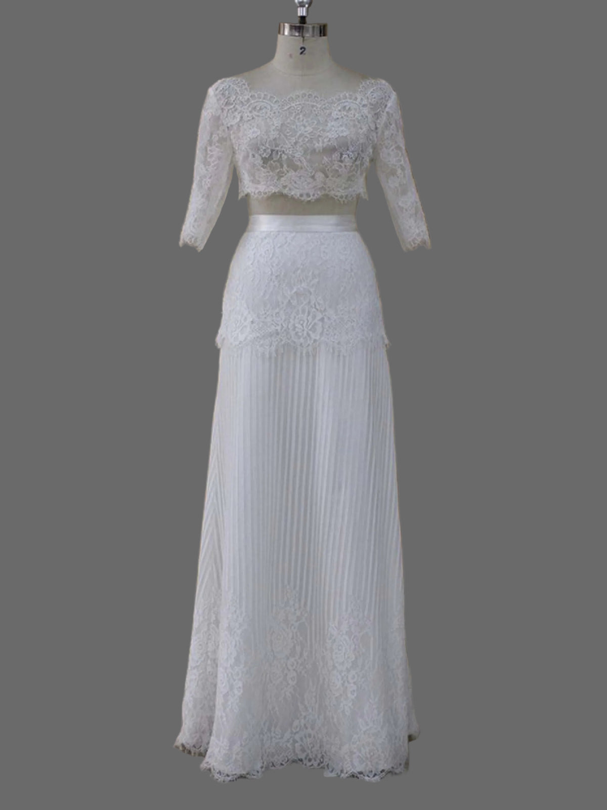 Two-Piece Lace Wedding Dress Half Sleeves | Boho Bridal Crop Top Pleated Skirt