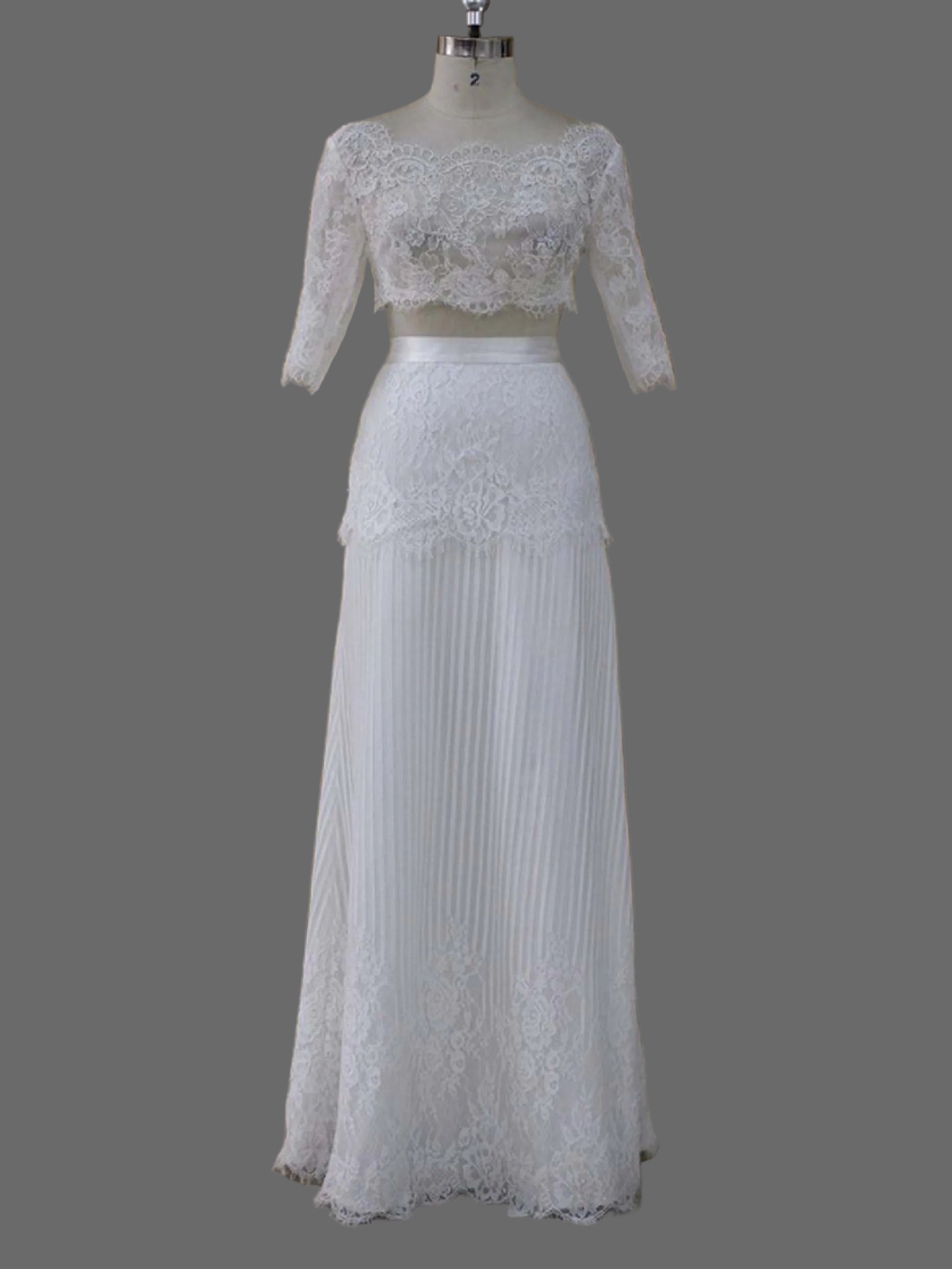 Two-Piece Lace Wedding Dress with Half Sleeves | Boho Bridal Crop Top and Pleated Skirt Set | Ivory