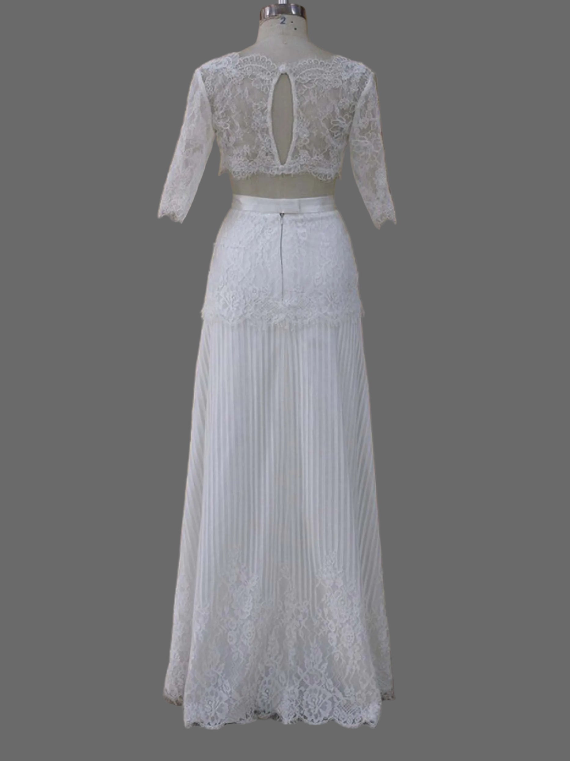 Two-Piece Lace Wedding Dress with Half Sleeves | Boho Bridal Crop Top and Pleated Skirt Set | Ivory