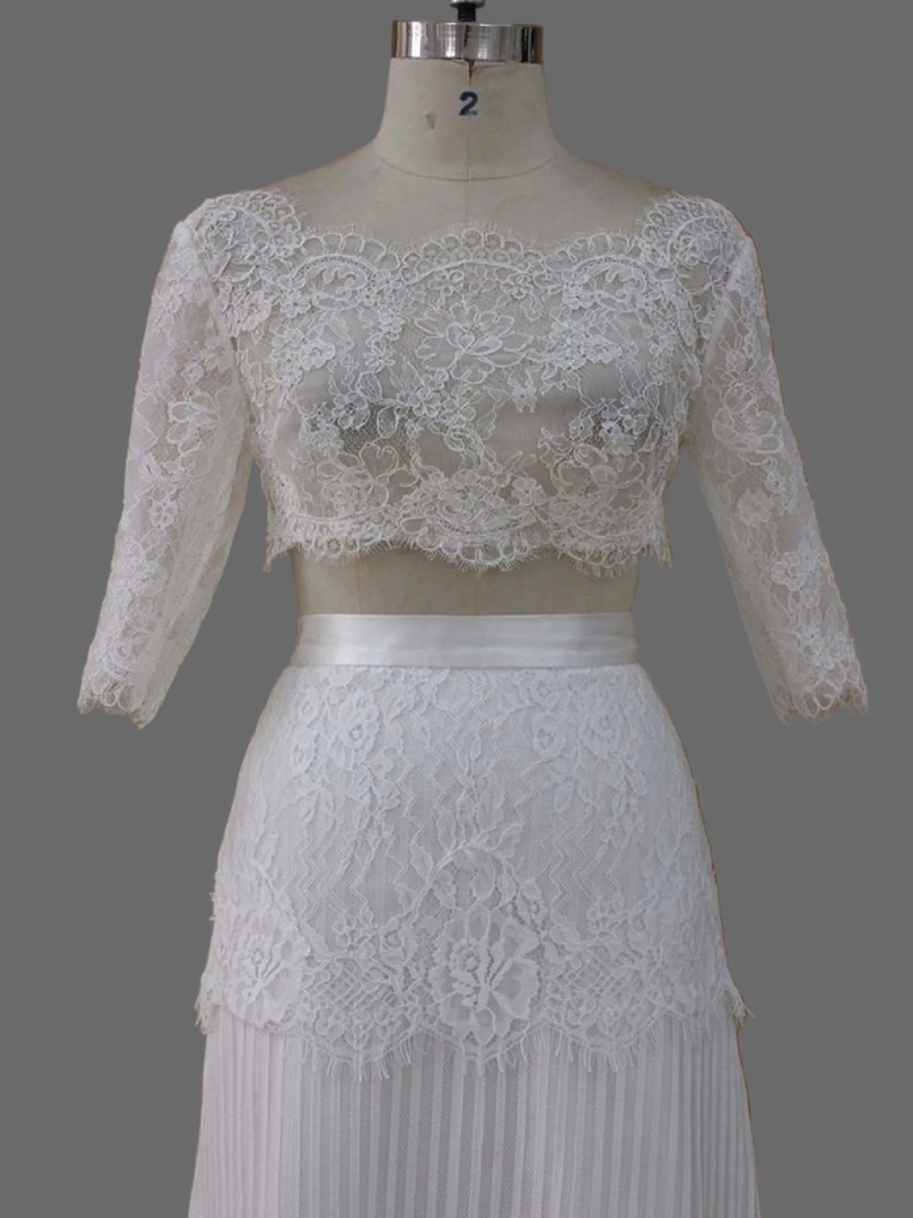 Two-Piece Lace Wedding Dress with Half Sleeves | Boho Bridal Crop Top and Pleated Skirt Set | Ivory
