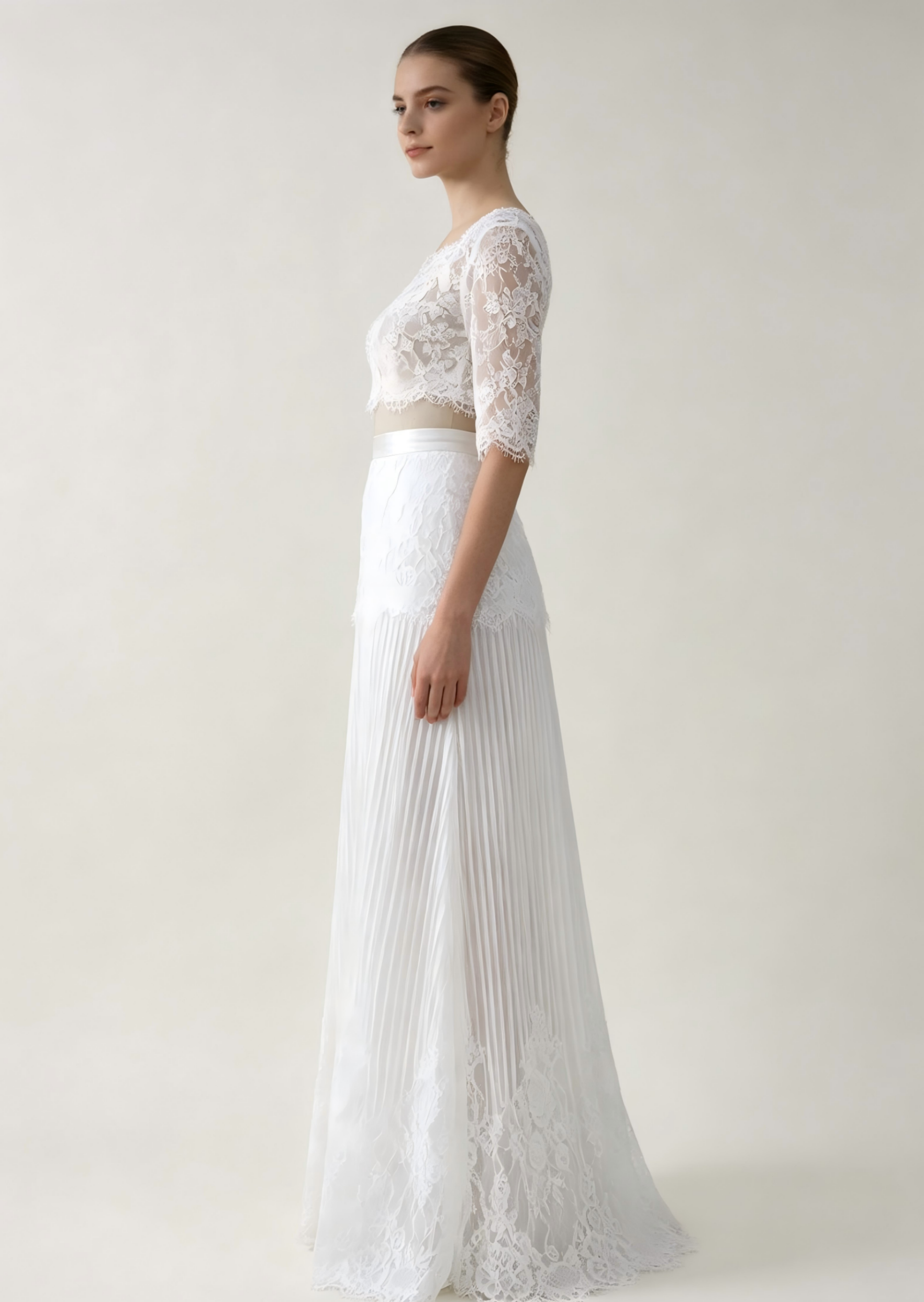 Two-Piece Lace Wedding Dress with Half Sleeves | Boho Bridal Crop Top and Pleated Skirt Set | Ivory