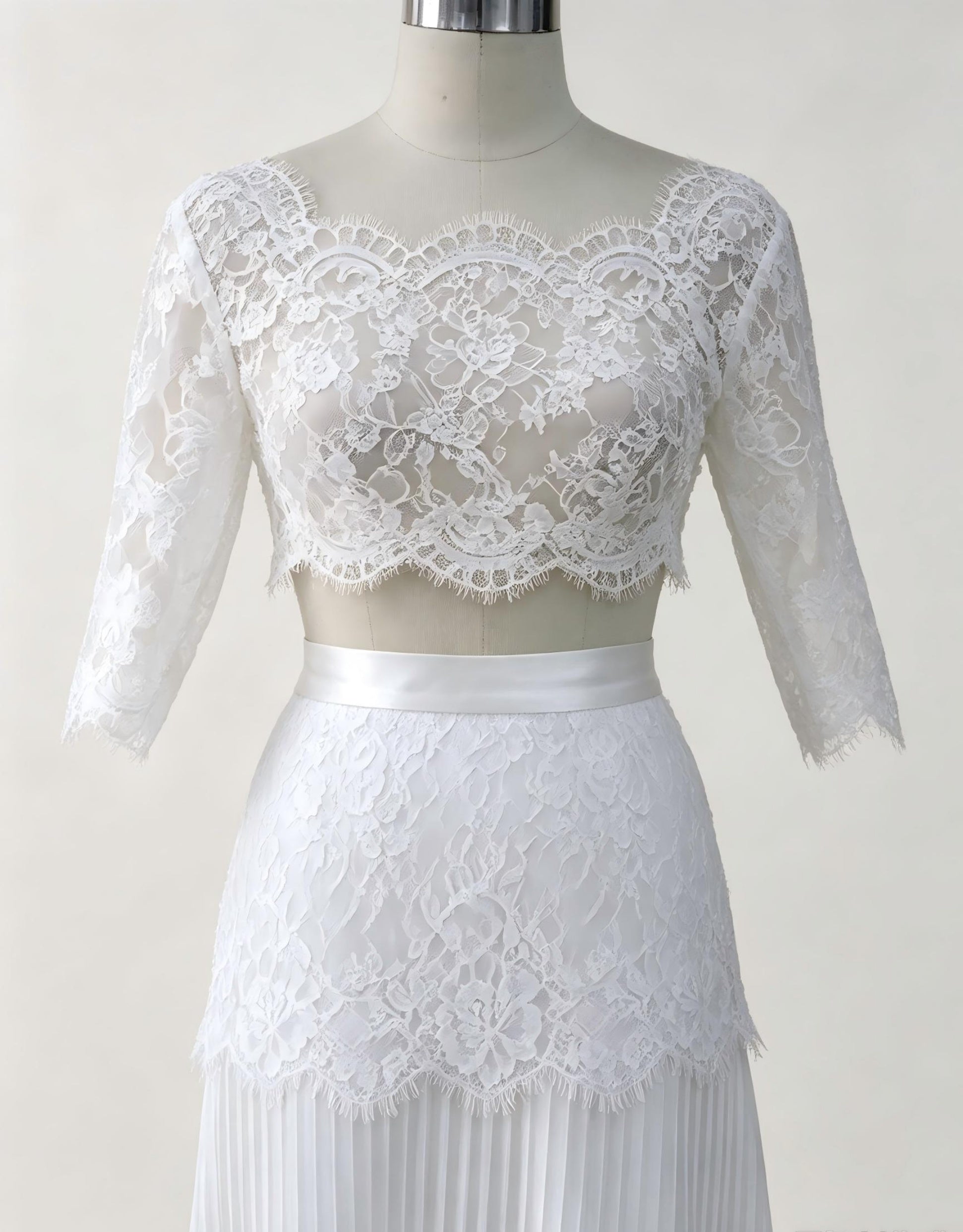 Two-Piece Lace Wedding Dress with Half Sleeves | Boho Bridal Crop Top and Pleated Skirt Set | Ivory