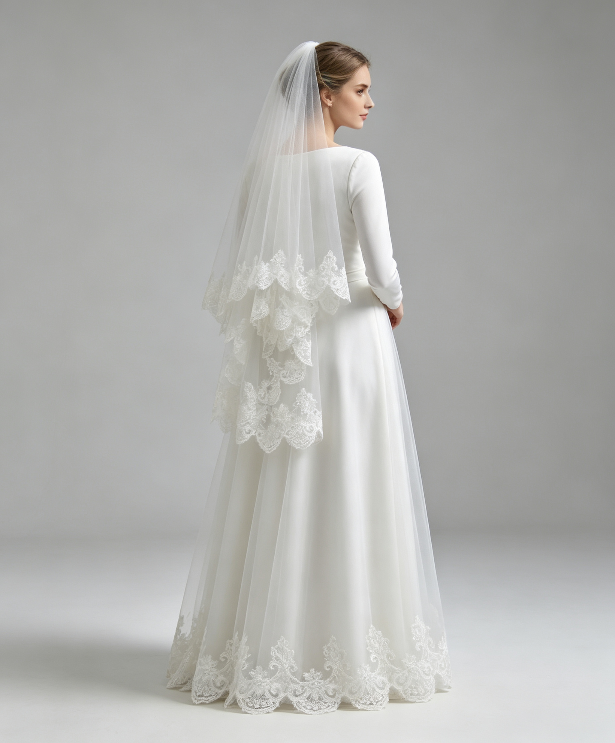 Two-Tier Bridal Veil with 3D Floral Lace Applique & Scalloped Edge
