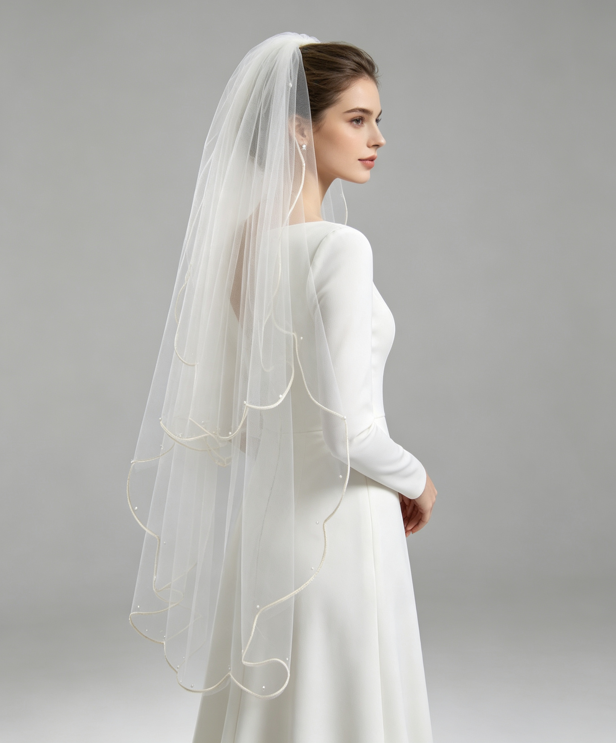 Two-Tier Bridal Veil with Pearl Beads & Scalloped Silver Wire Edge