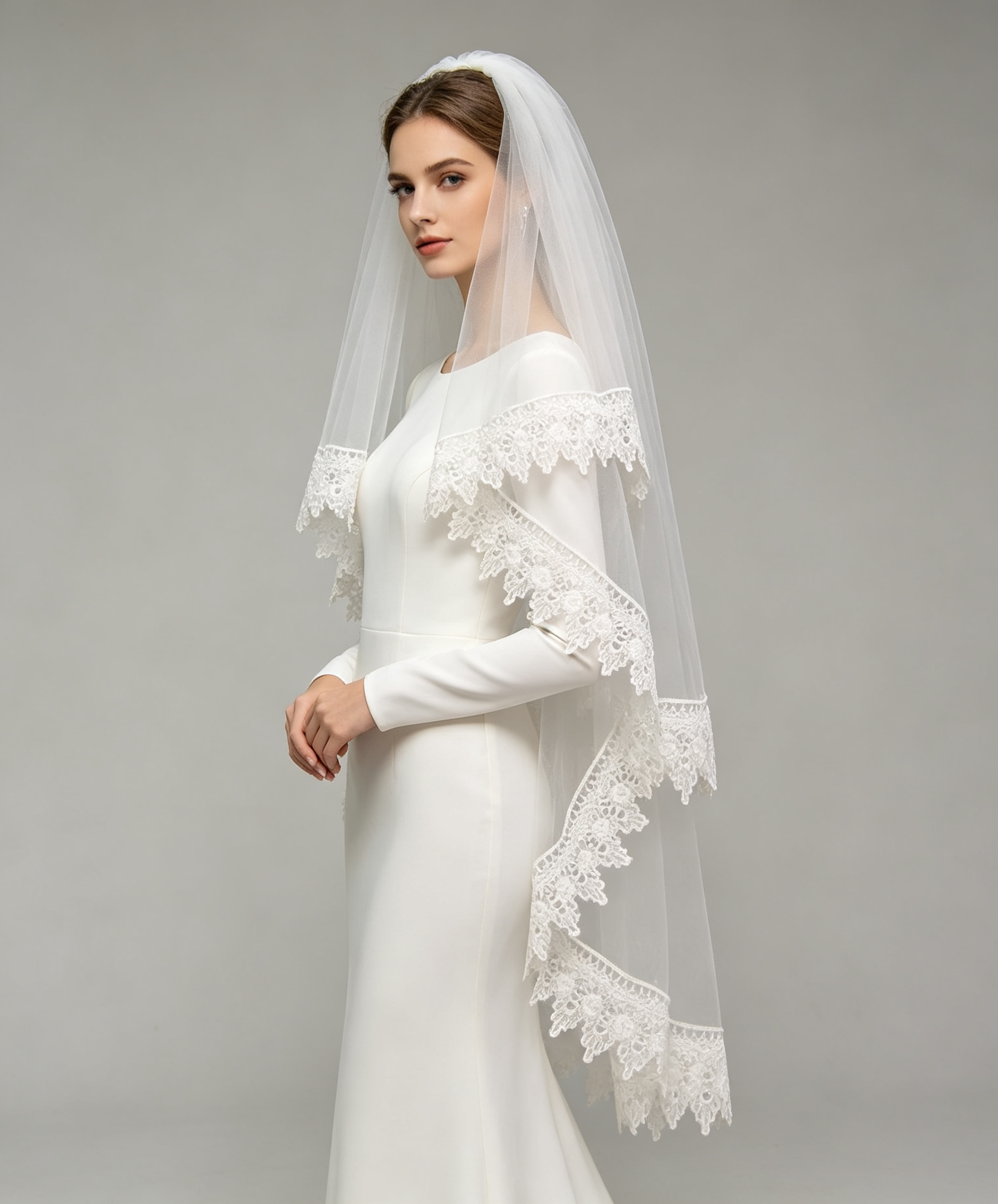 Two-Tier Bridal Veil with Wide Venetian Lace Edge & Floral Scallop Trim