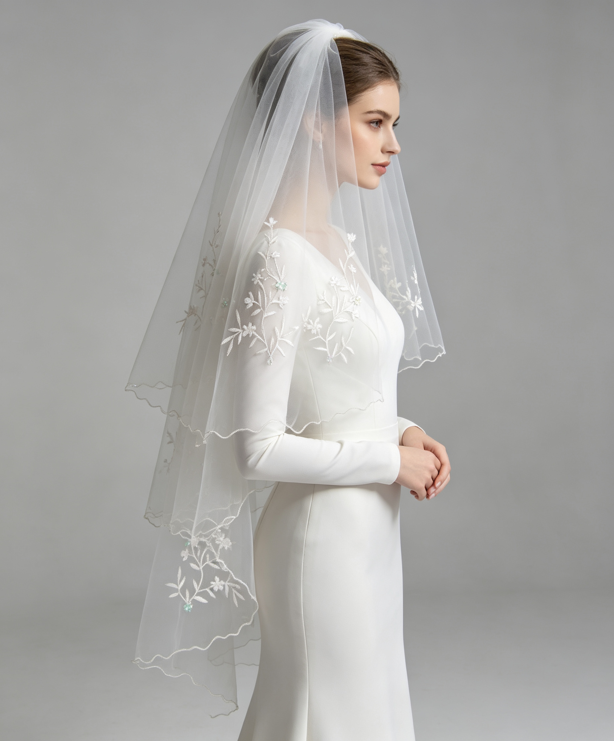 Two-Tier Floral Embroidered Bridal Veil with Delicate Scalloped Edge