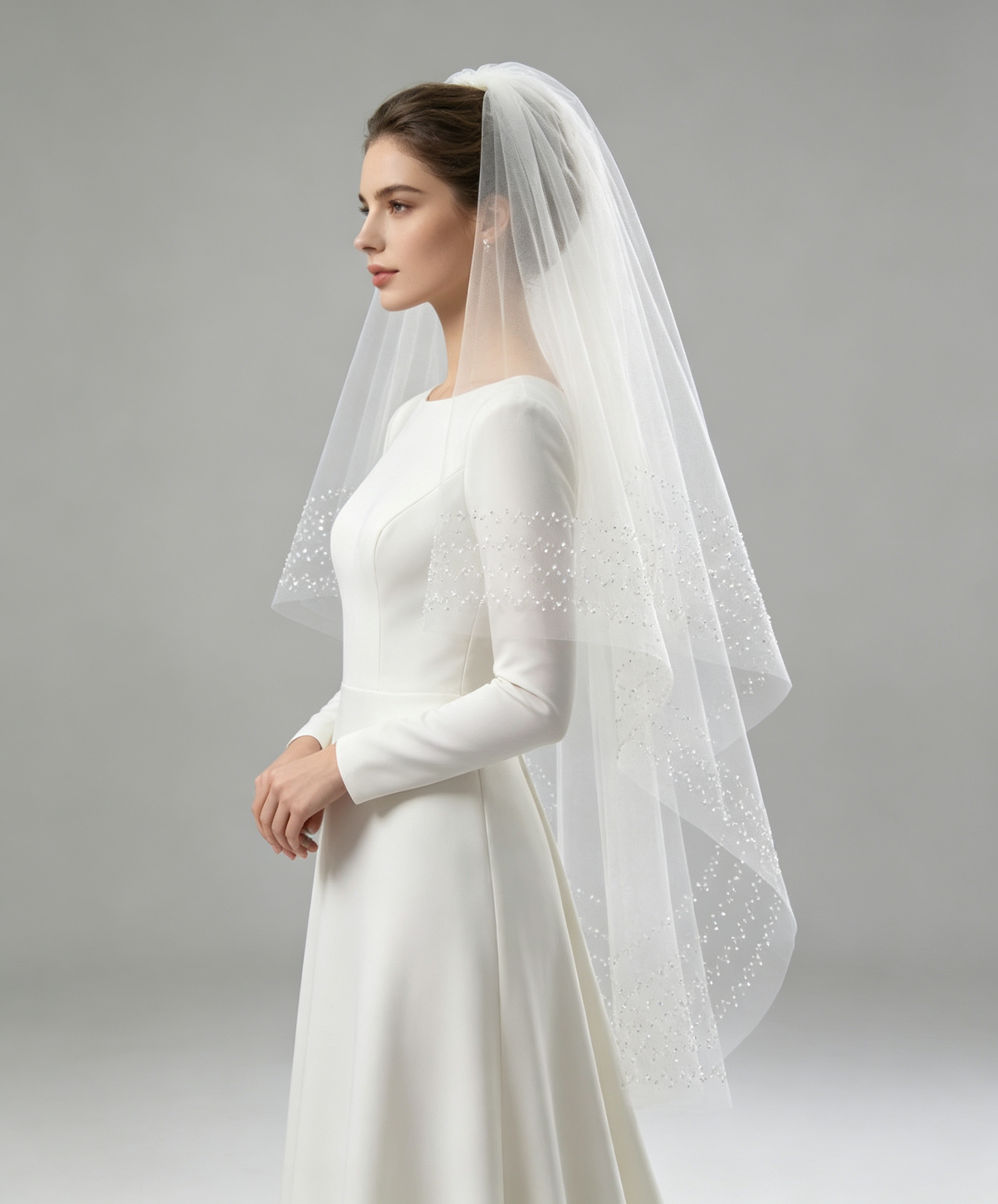 Two-Tier Ivory Glitter Tulle Wedding Veil – Sparkling Rhinestone Edge Bridal Veil for Wedding