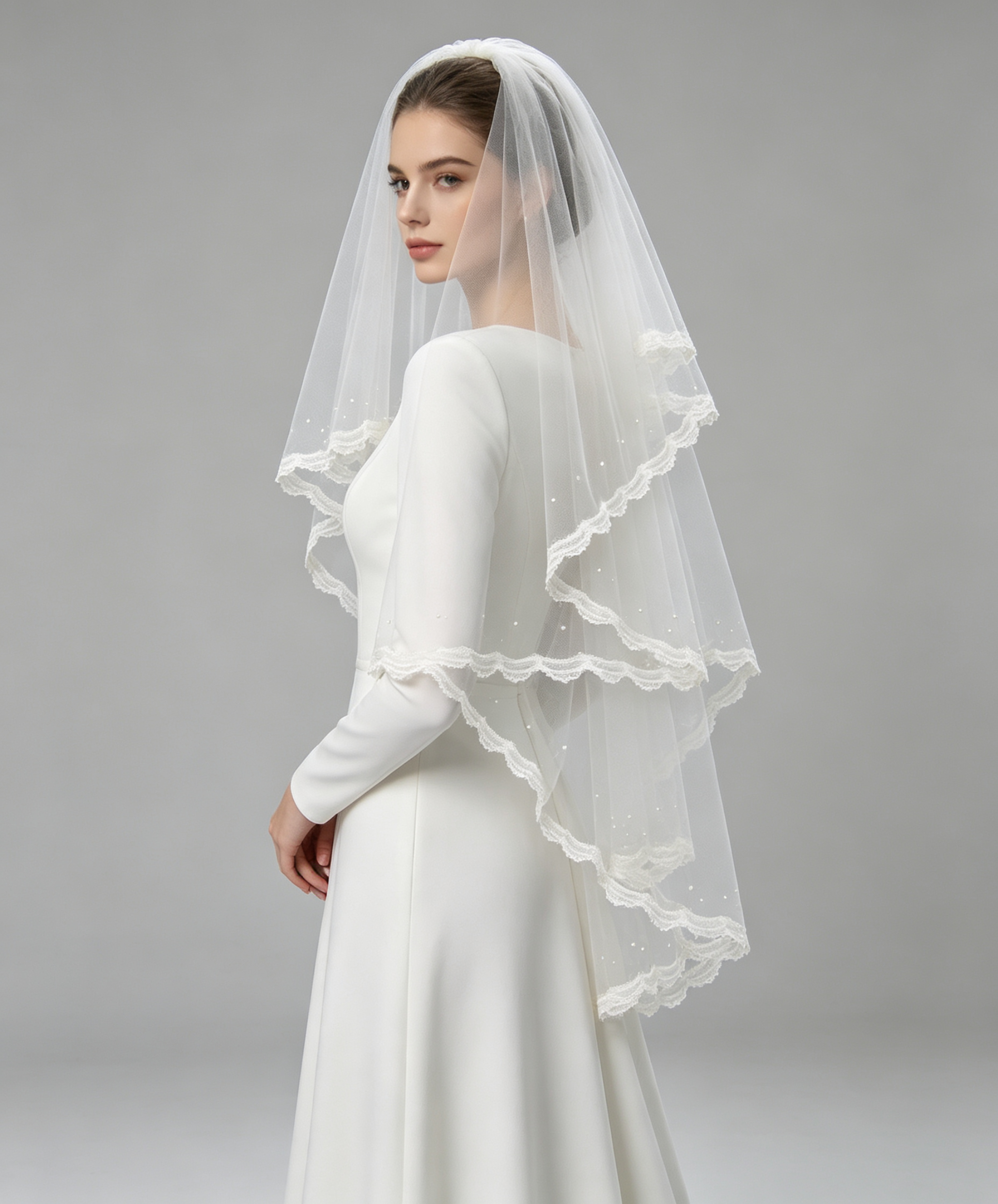 Two-Tier Pearl Dot Bridal Veil with Scalloped Lace Edge