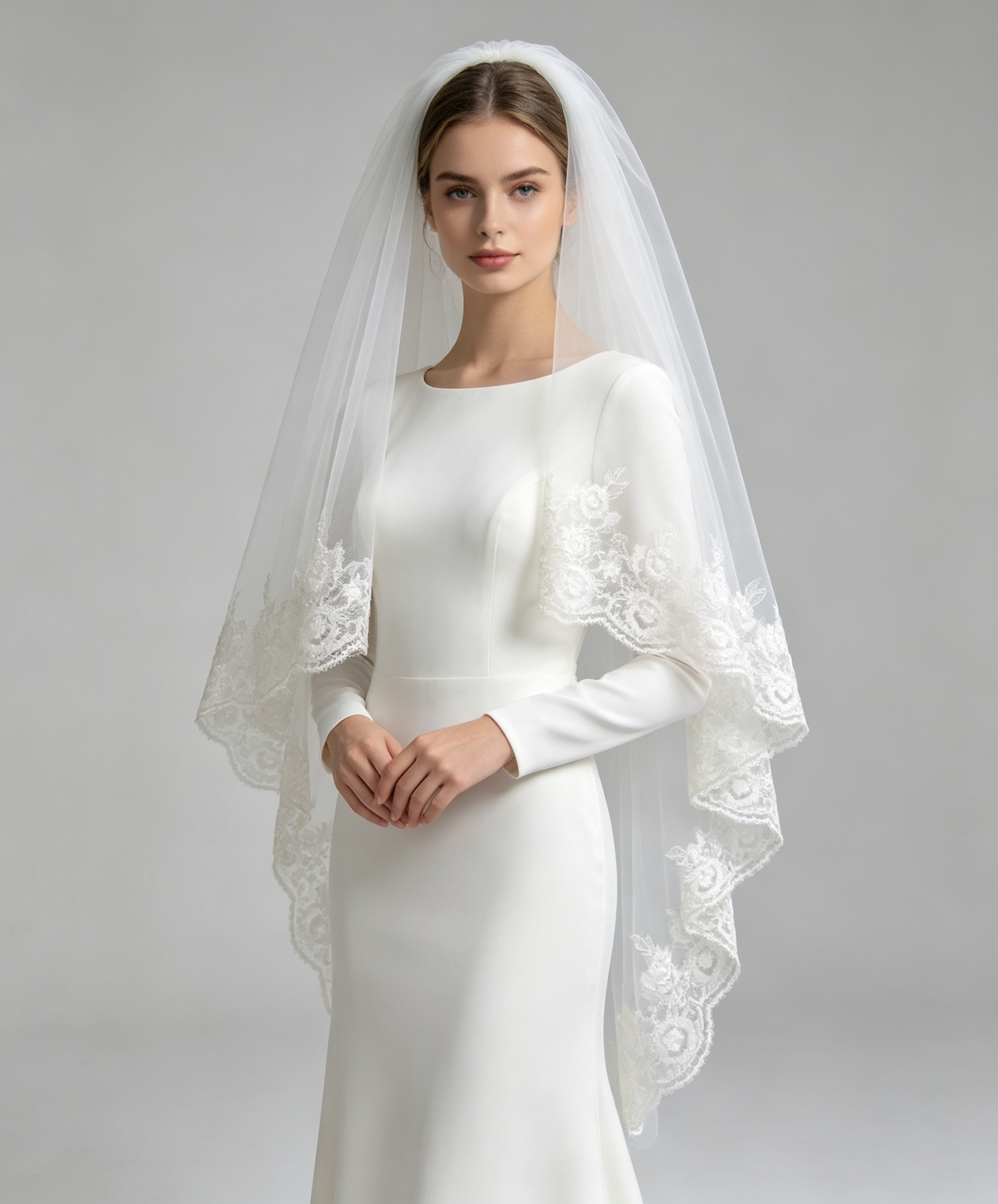 Two-Tier White Lace Floral Appliqué Wedding Veil – 3D Rose & Lace Edge Bridal Veil for Wedding