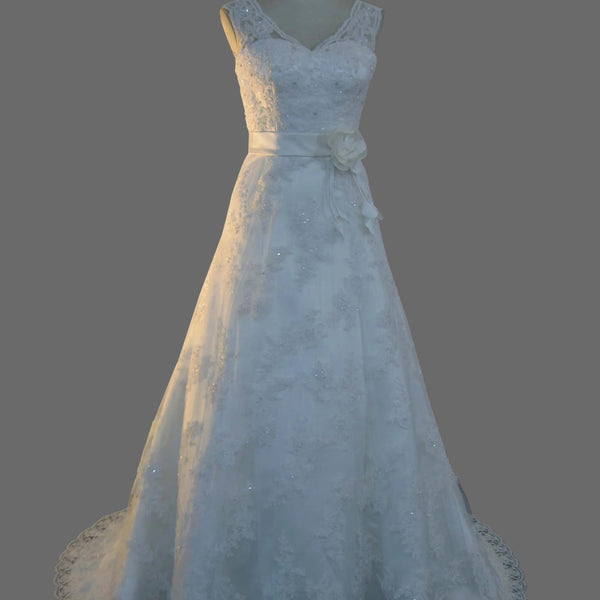 V-Neck A-Line Wedding Dress with Lace Appliques and Beaded Waist Sash   OneWedDress
