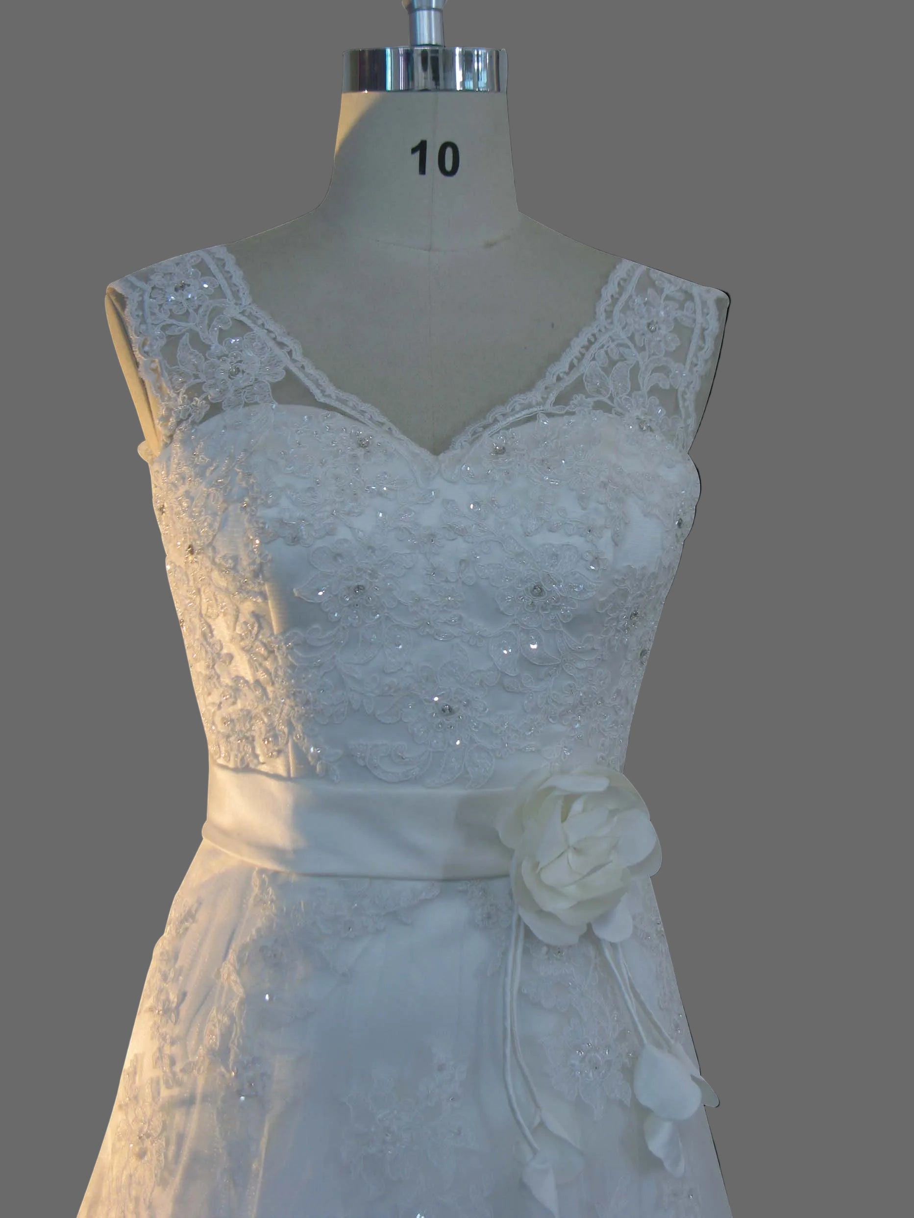 V-Neck A-Line Wedding Dress with Lace Appliques and Beaded Waist Sash - Cathedral Train Bridal Gown
