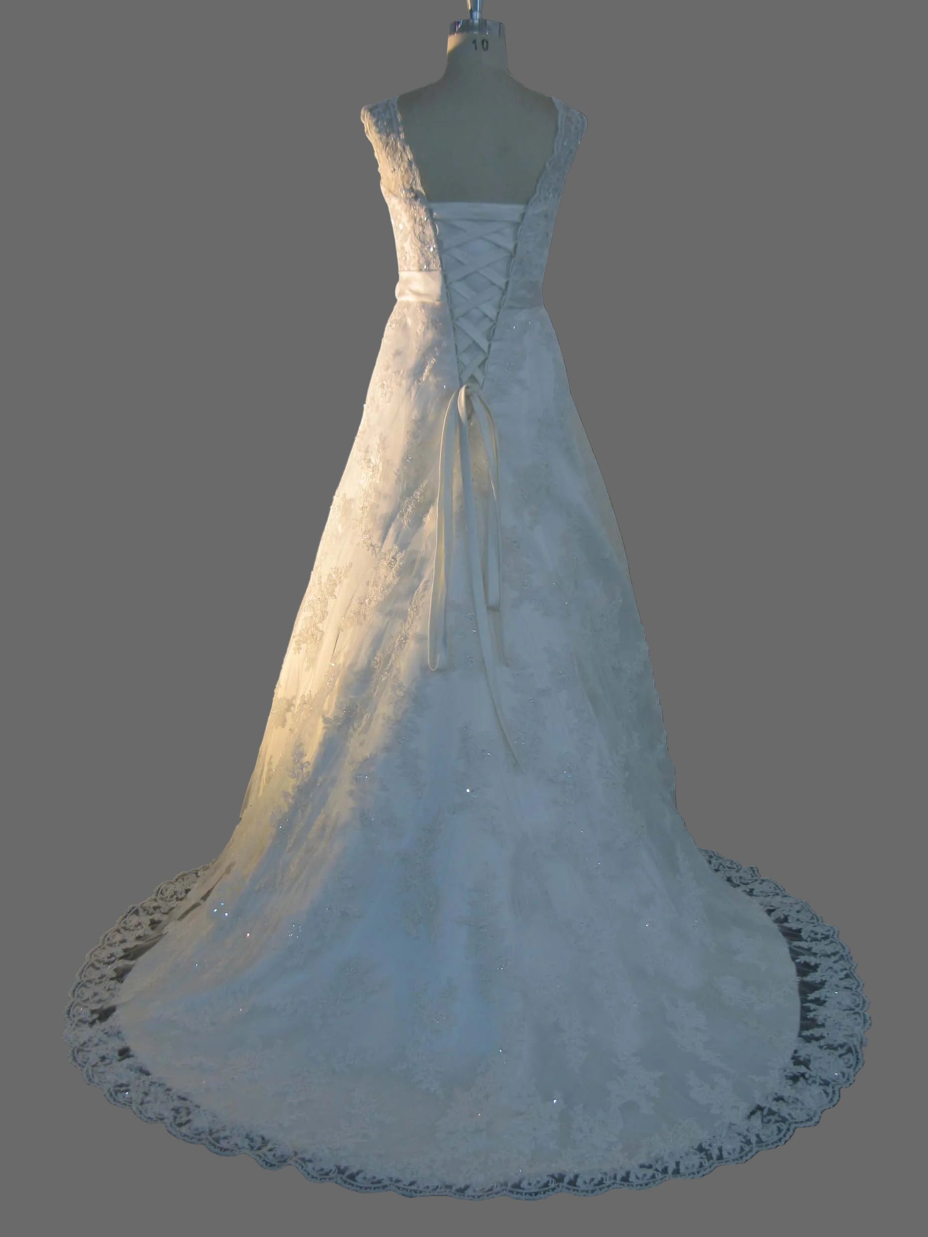 V-Neck A-Line Wedding Dress with Lace Appliques and Beaded Waist Sash - Cathedral Train Bridal Gown