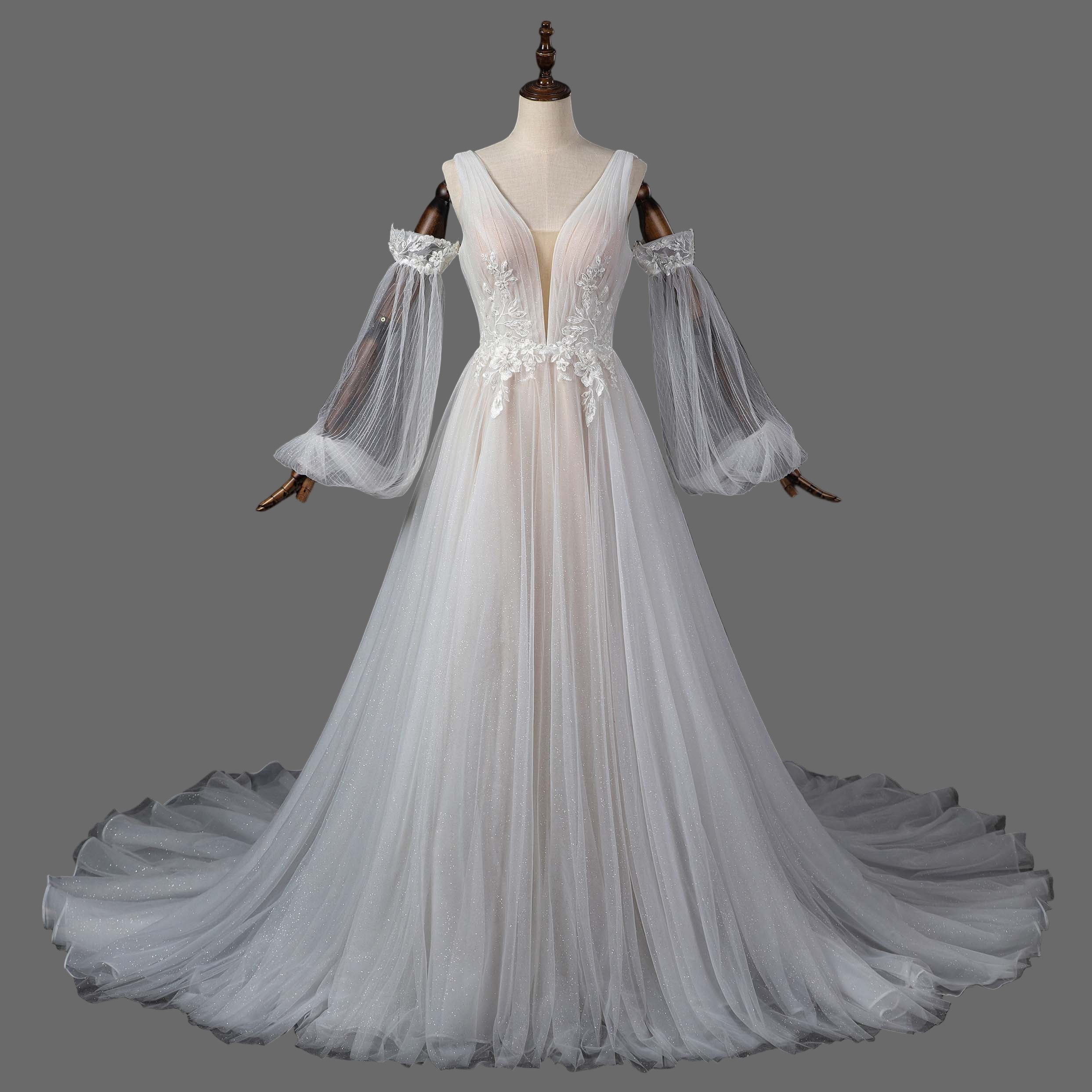 V-Neck Ballgown Wedding Dress with Detachable Tulle Sleeves and Cathedral Train