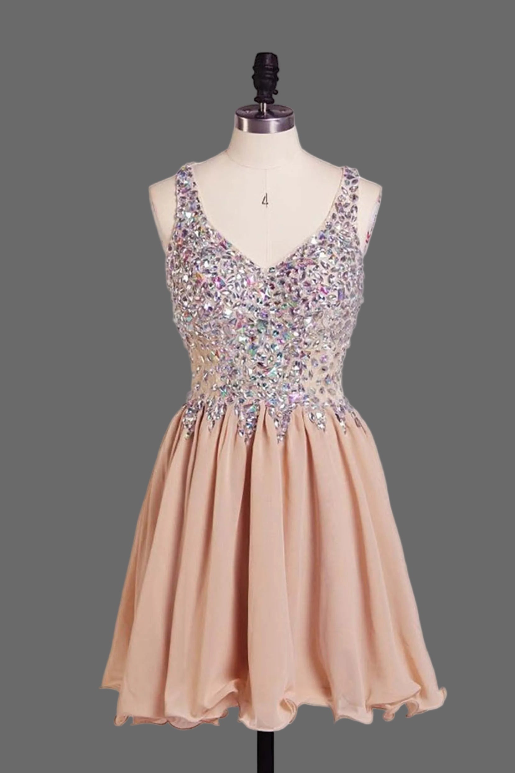 V-Neck Cocktail Dress - Short Tulle A-Line Party Dress with Crystal Beaded Bodice