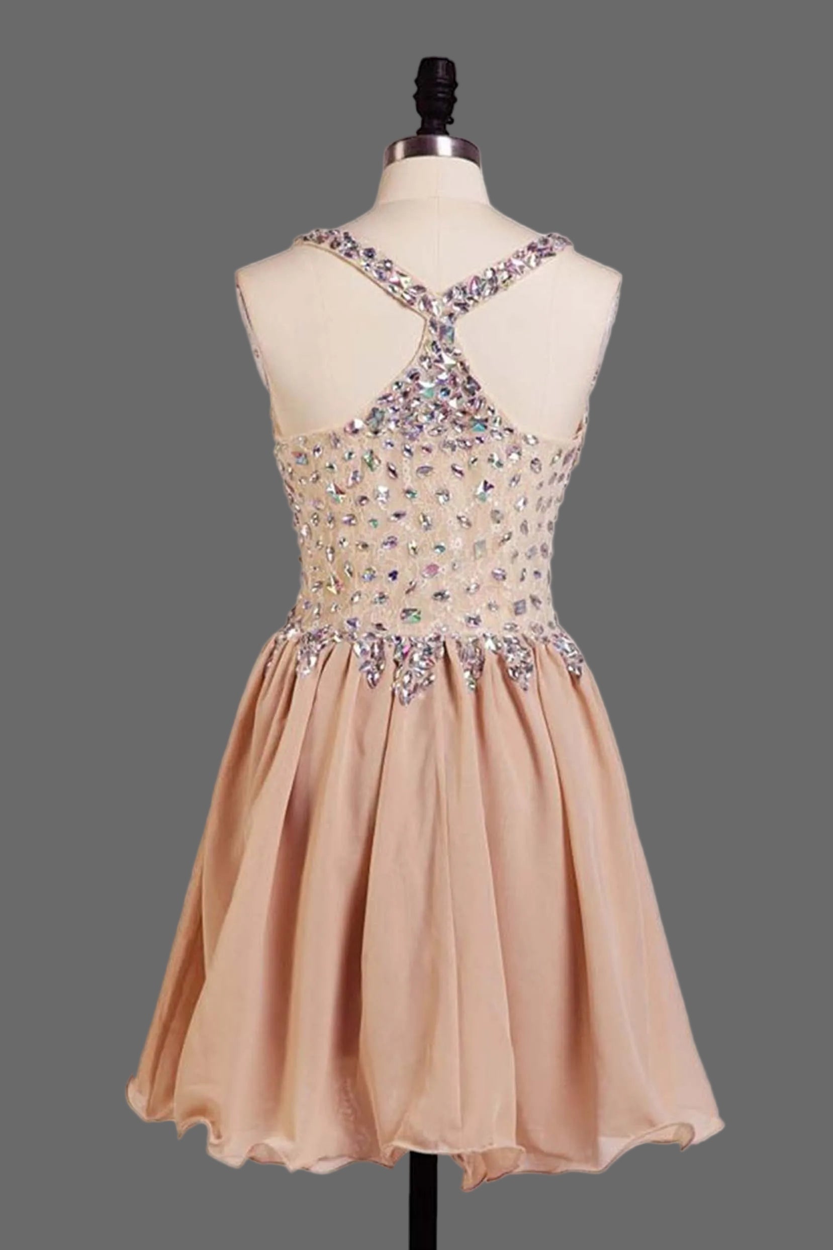 V-Neck Cocktail Dress - Short Tulle A-Line Party Dress with Crystal Beaded Bodice