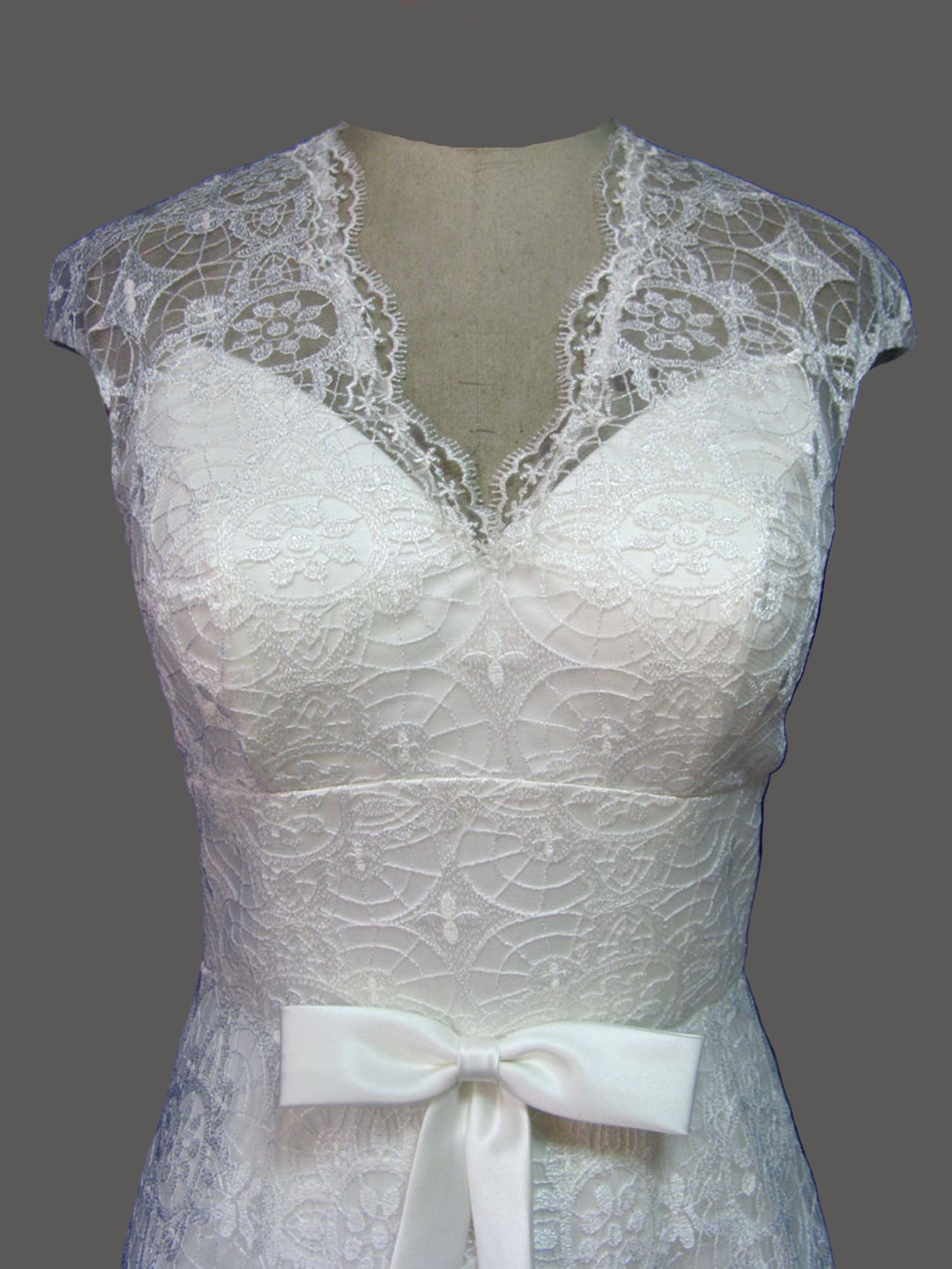 Vintage Lace Cap Sleeve Wedding Dress with Sash - V-Neck A-Line Bridal Gown