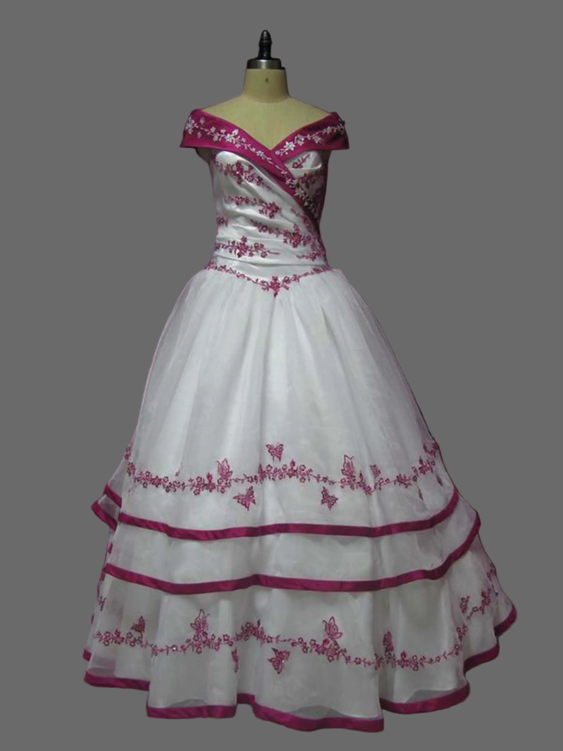 White and Fuchsia Quinceanera Ball Gown with Butterfly Embroidery & Off-Shoulder Neckline