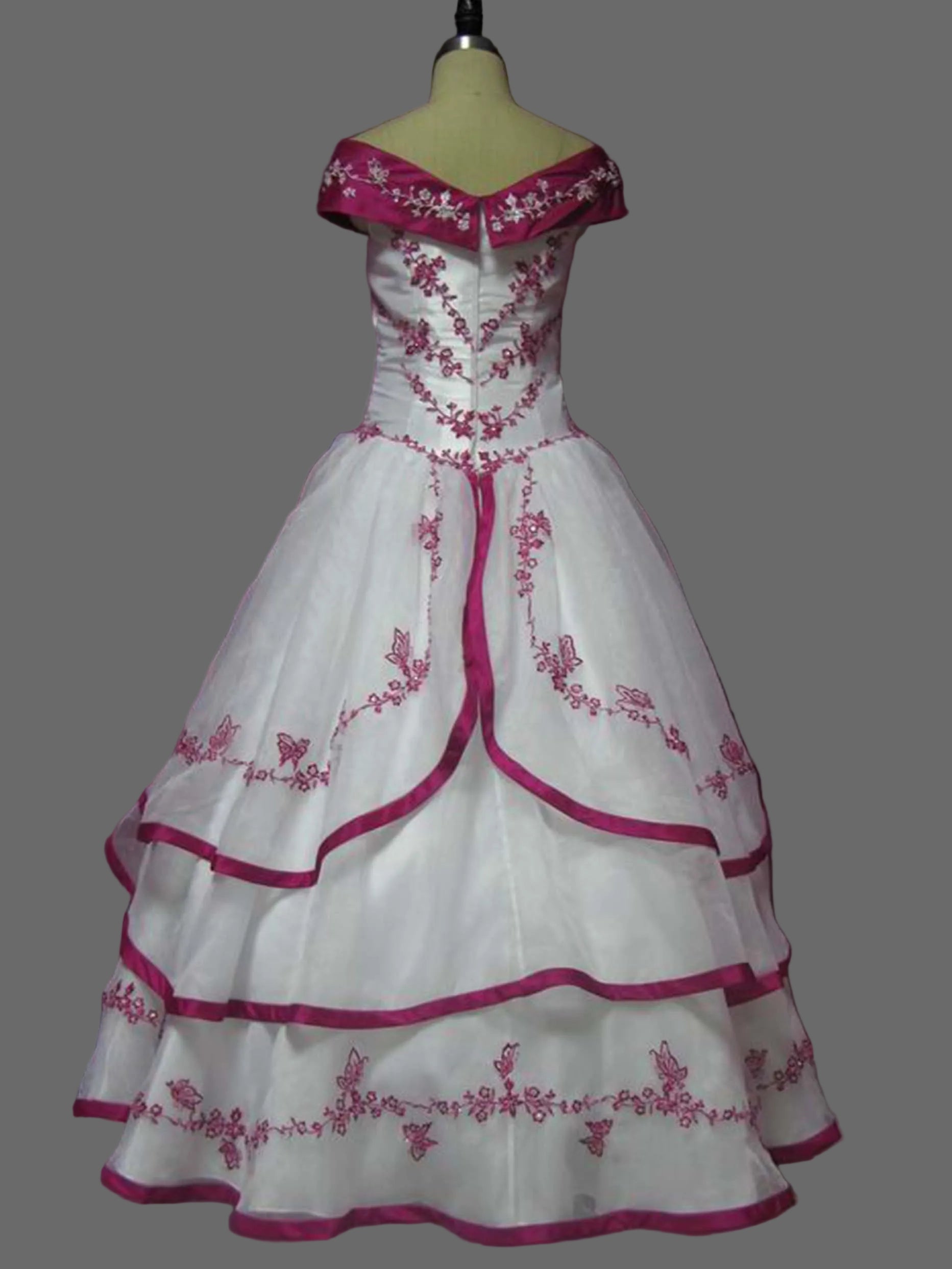 White and Fuchsia Quinceanera Ball Gown with Butterfly Embroidery & Off-Shoulder Neckline