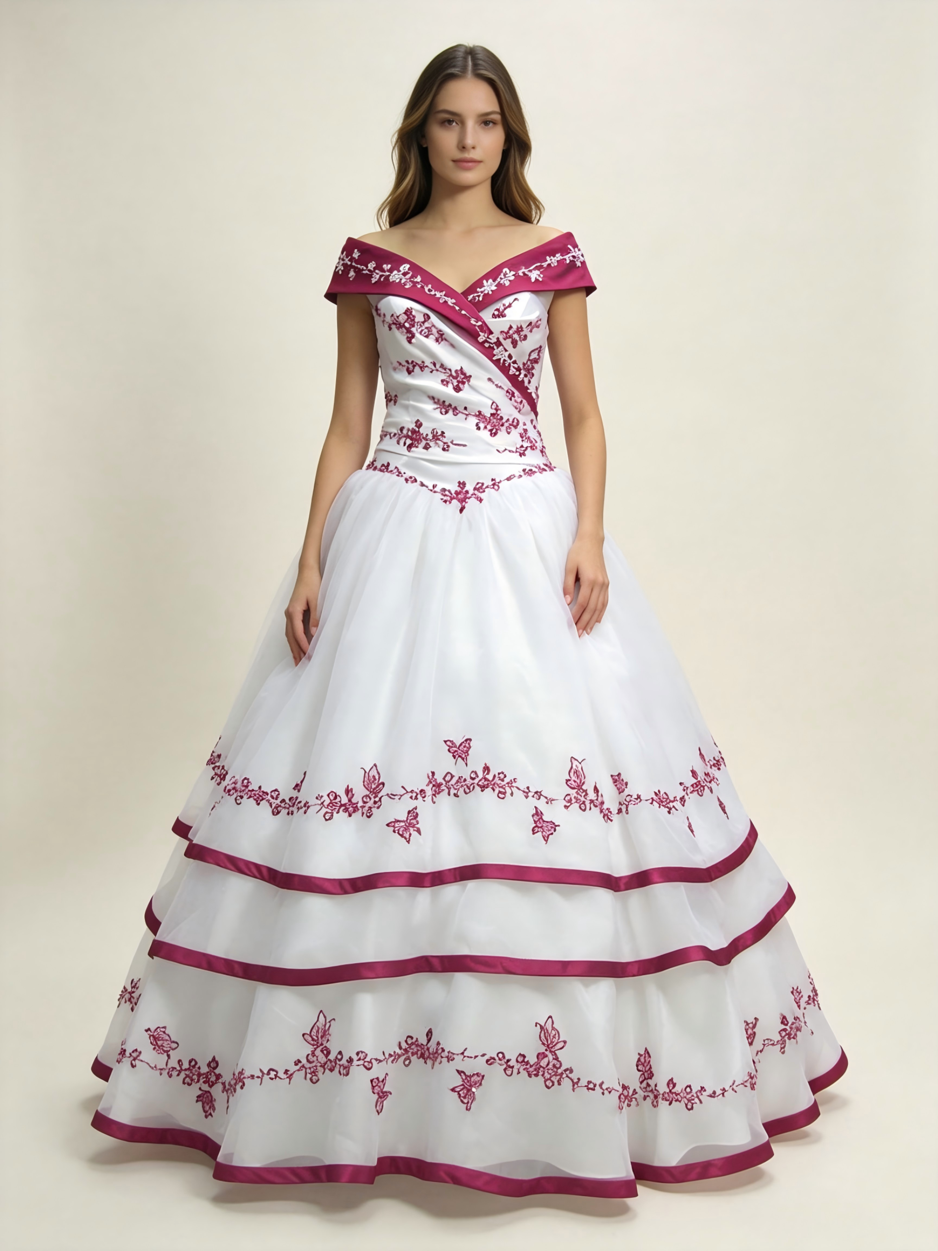 White and Fuchsia Quinceanera Ball Gown with Butterfly Embroidery & Off-Shoulder Neckline
