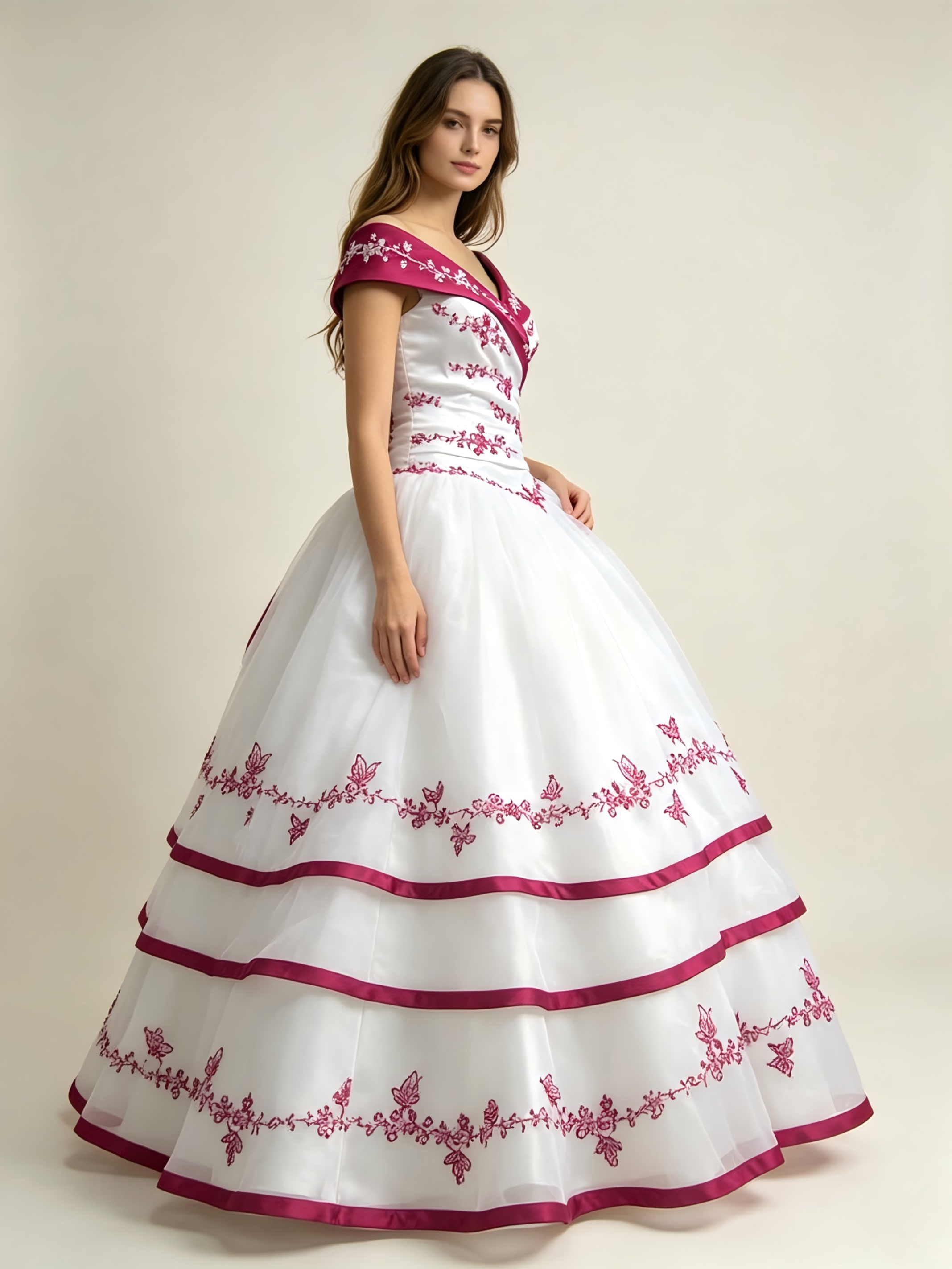 White and Fuchsia Quinceanera Ball Gown with Butterfly Embroidery & Off-Shoulder Neckline
