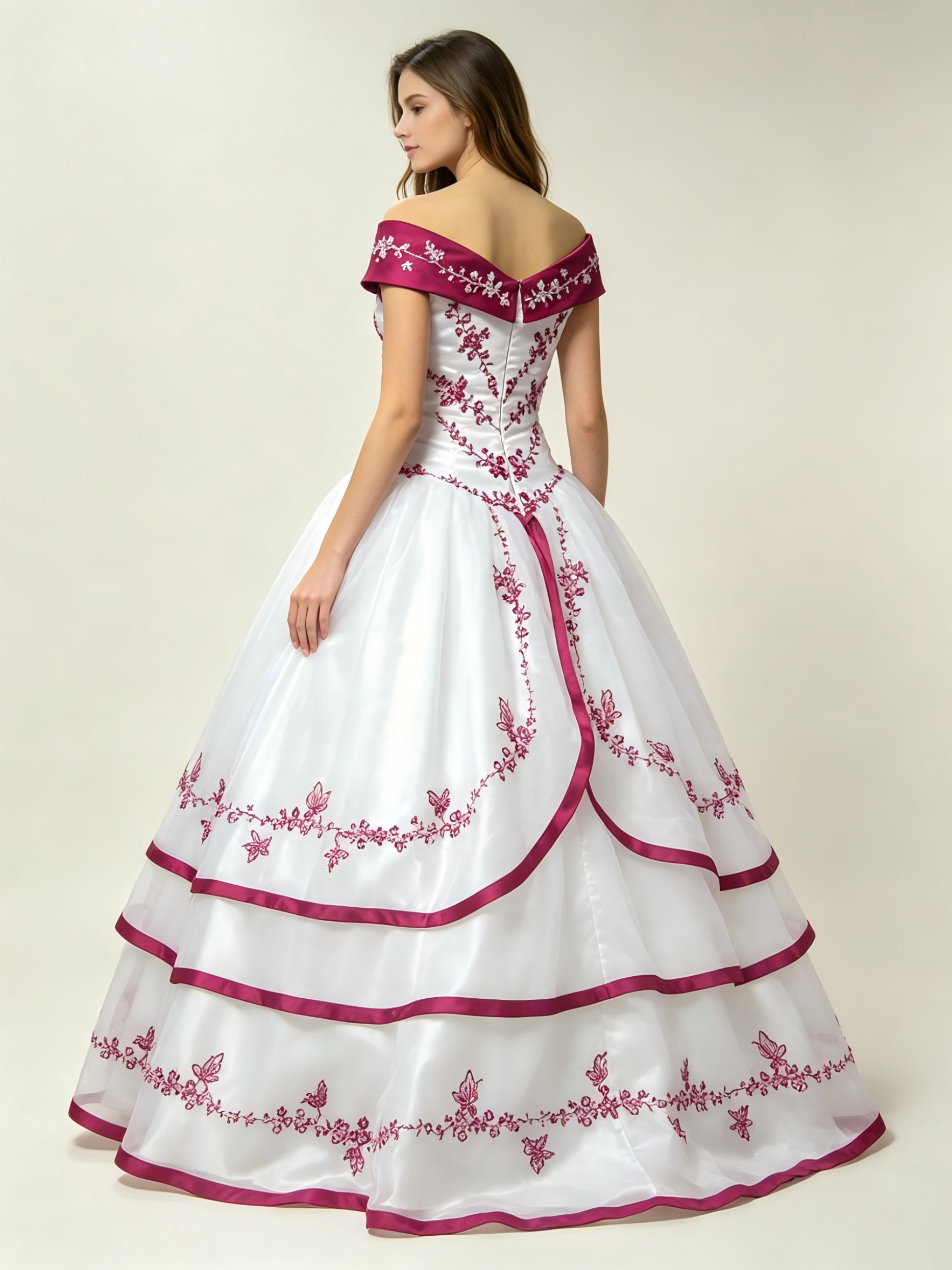 White and Fuchsia Quinceanera Ball Gown with Butterfly Embroidery & Off-Shoulder Neckline