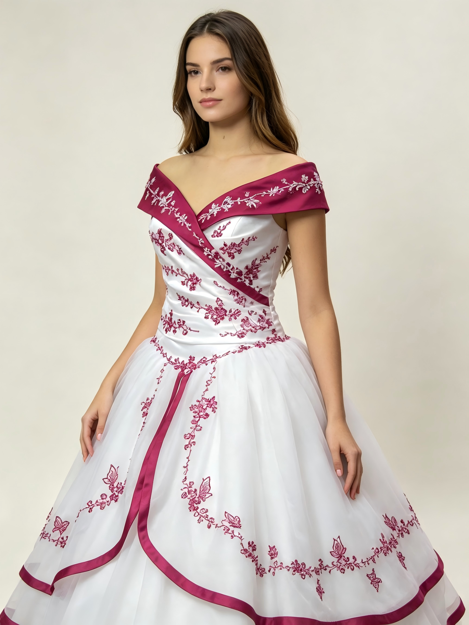 White and Fuchsia Quinceanera Ball Gown with Butterfly Embroidery & Off-Shoulder Neckline