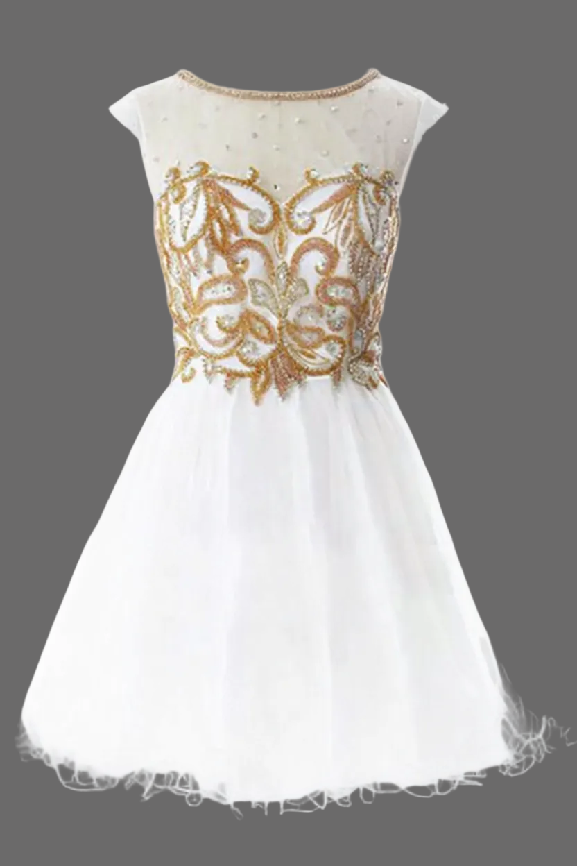 White and Gold Embroidered Cocktail Dress - Cap Sleeve Tulle A-Line Ho OneWedDress White and Gold Embroidered Cocktail Dress - Cap Sleeve Tulle A-Line Ho OneWedDress
