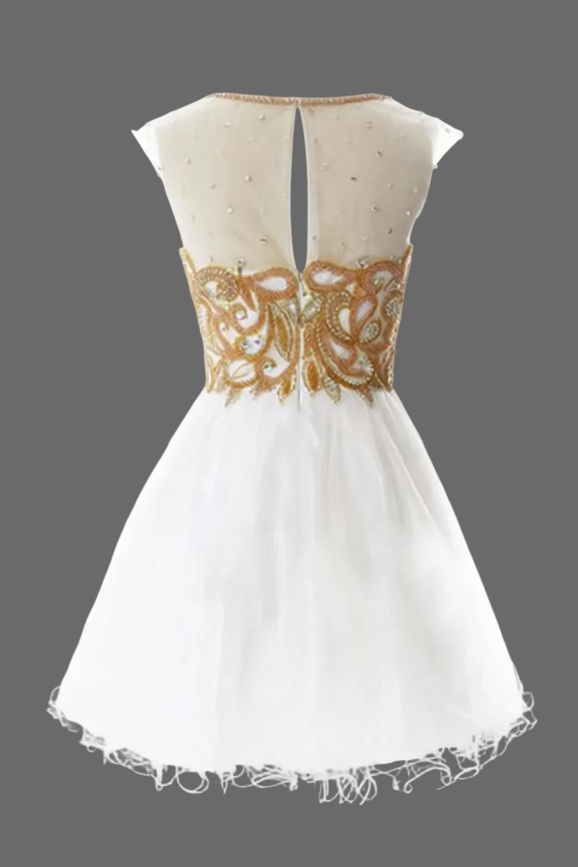 White and Gold Embroidered Cocktail Dress - Cap Sleeve Tulle A-Line Homecoming Dress