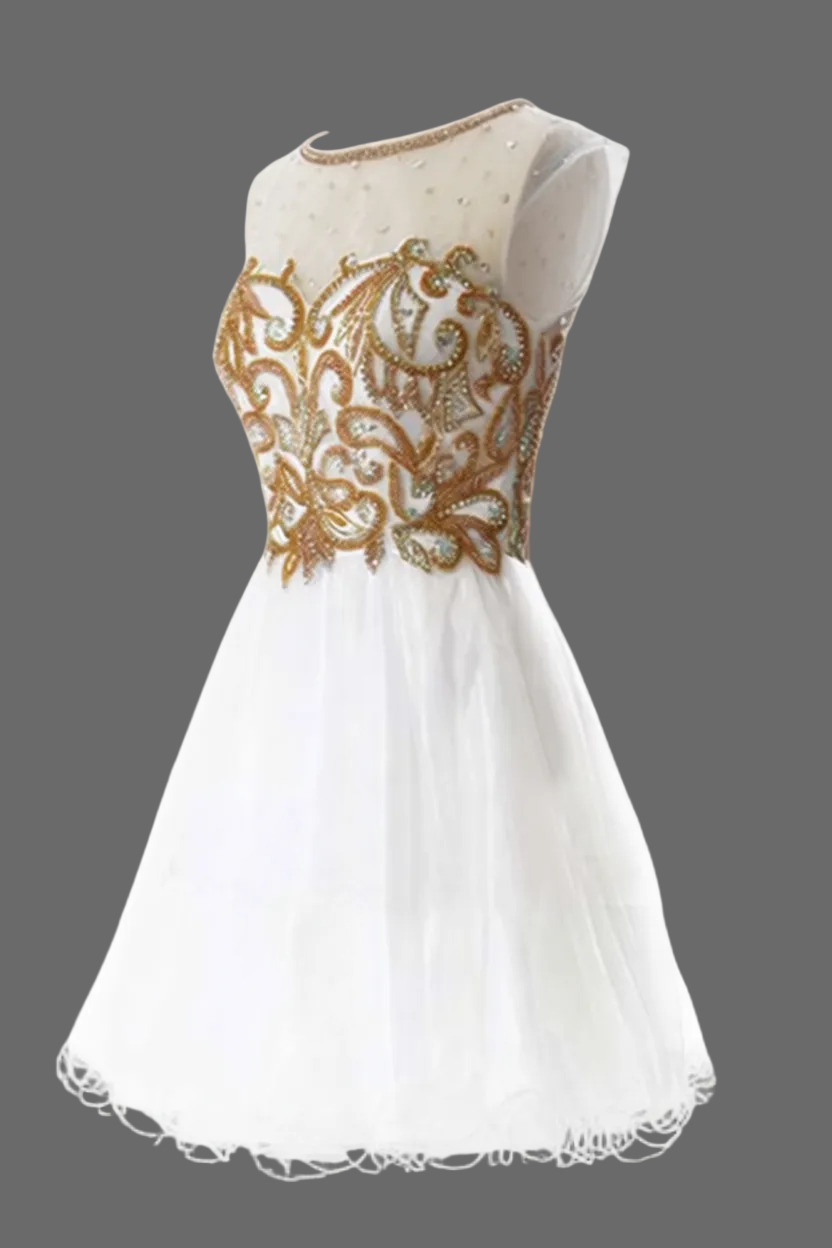 White and Gold Embroidered Cocktail Dress - Cap Sleeve Tulle A-Line Homecoming Dress