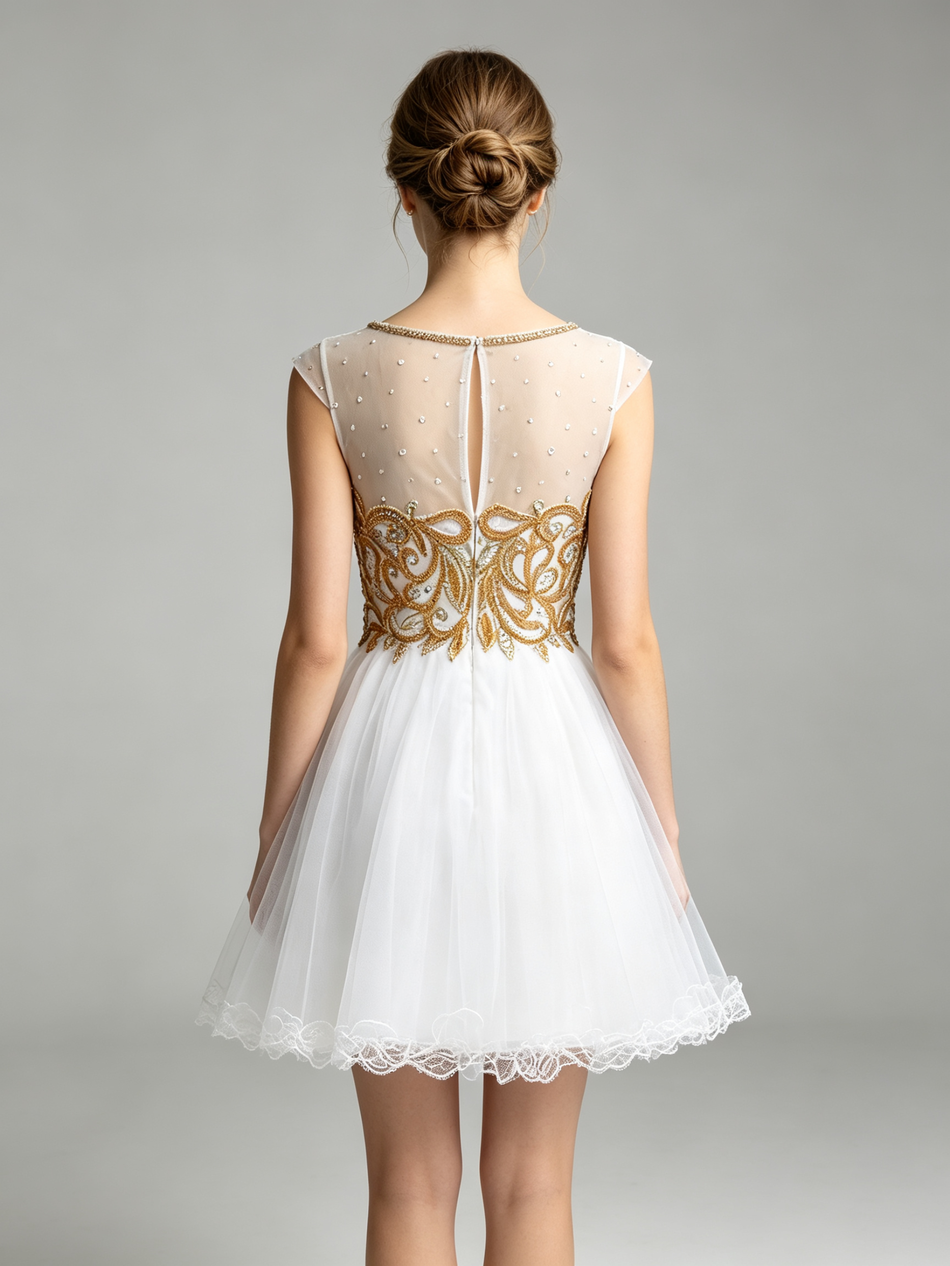White and Gold Embroidered Cocktail Dress - Cap Sleeve Tulle A-Line Homecoming Dress