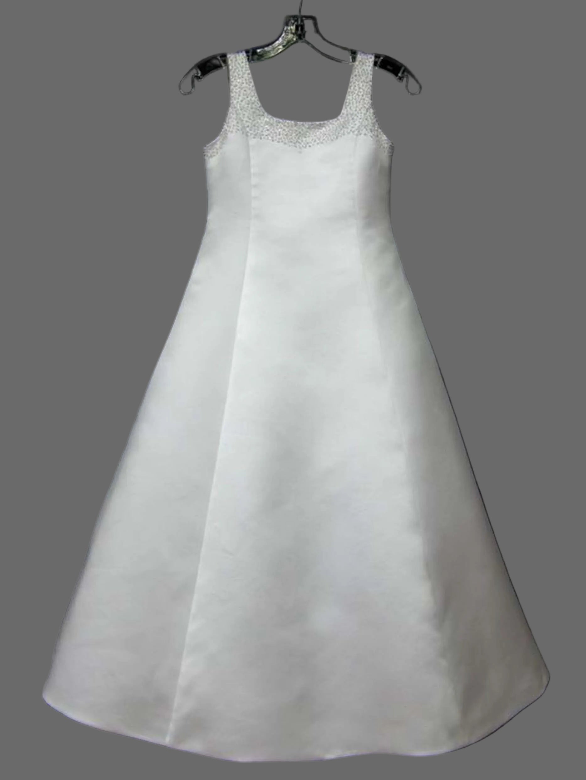 White Beaded Neckline Satin A-Line Flower Girl Dress | First Communion & Junior Bridesmaid Gown