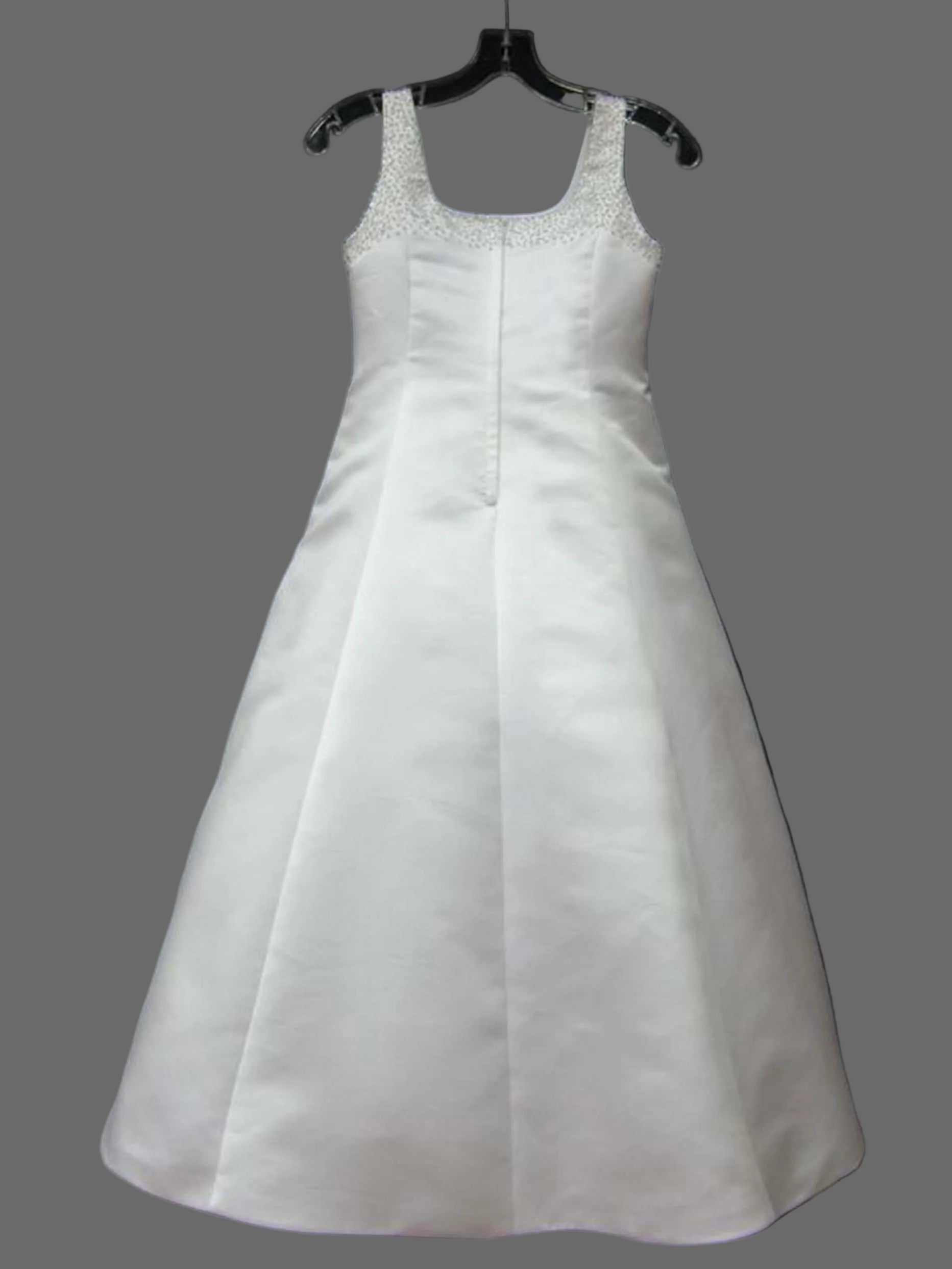 White Beaded Neckline Satin A-Line Flower Girl Dress | First Communion & Junior Bridesmaid Gown