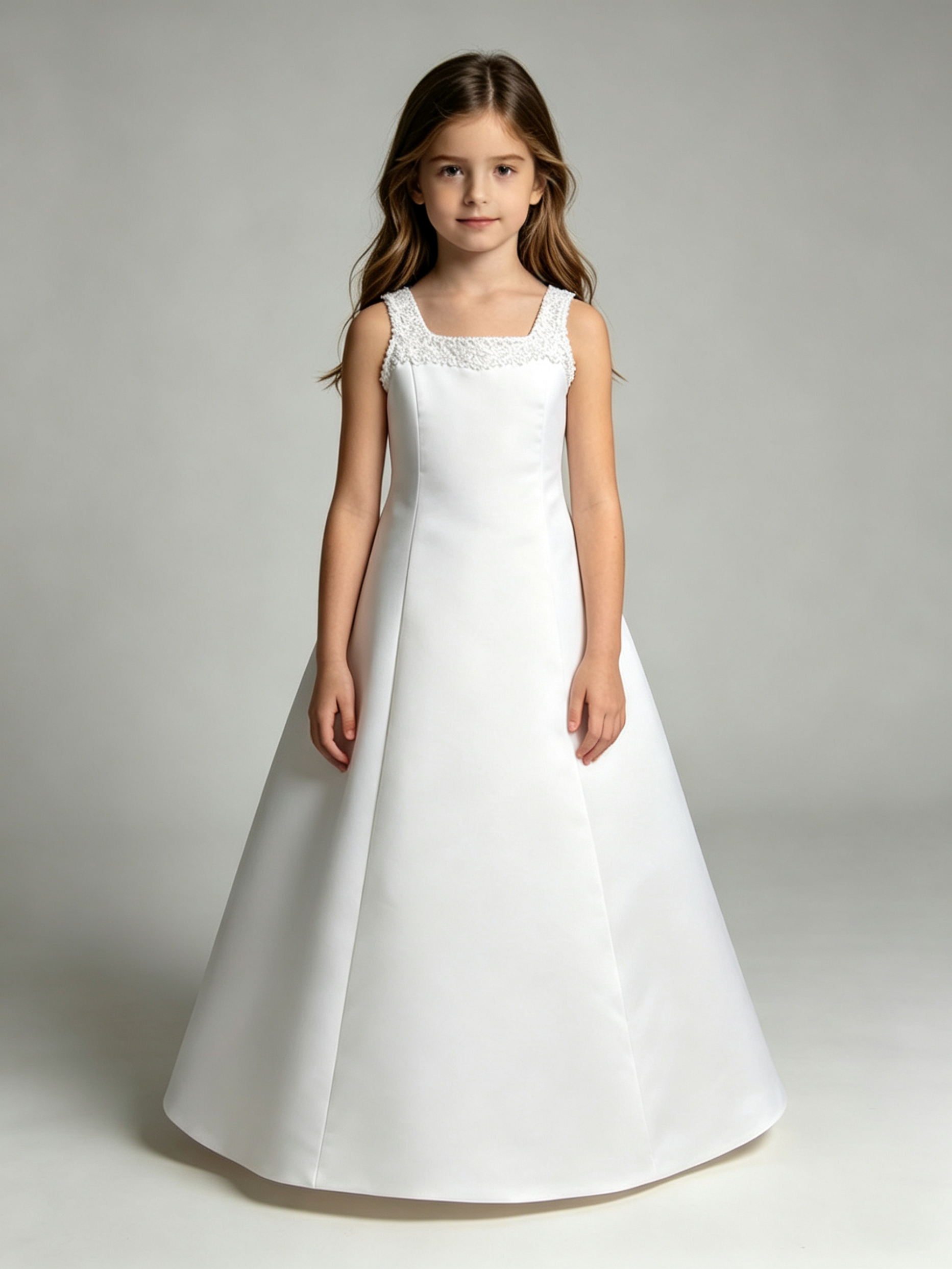 White Beaded Neckline Satin A-Line Flower Girl Dress | First Communion & Junior Bridesmaid Gown