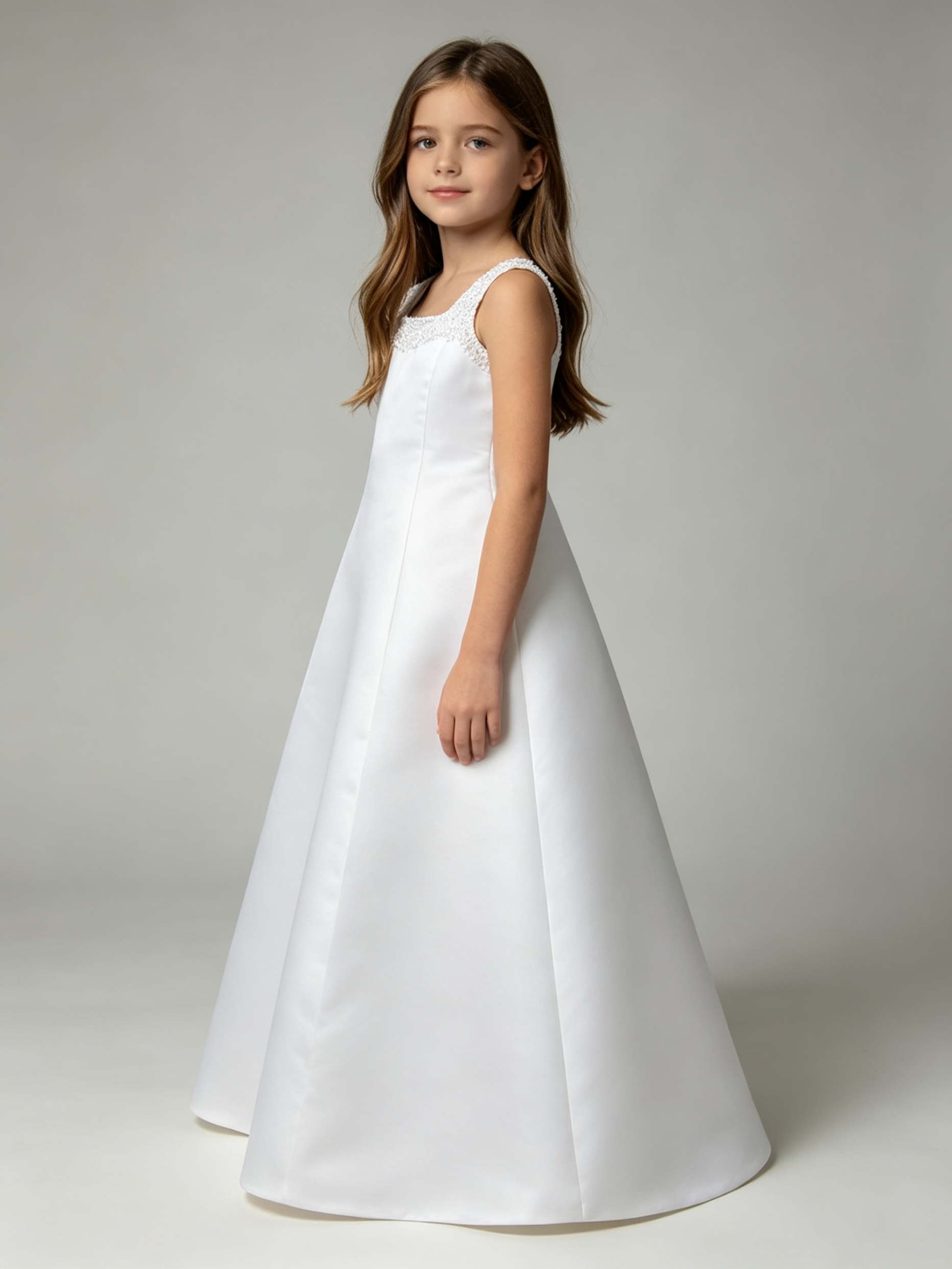 White Beaded Neckline Satin A-Line Flower Girl Dress | First Communion & Junior Bridesmaid Gown