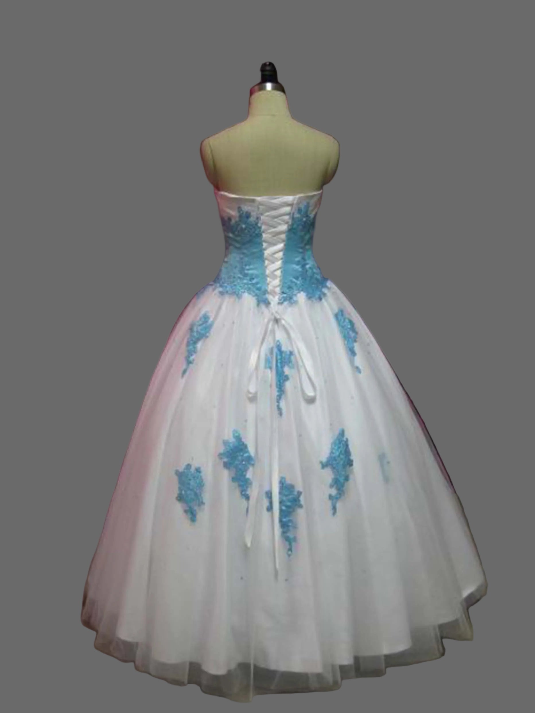 White & Blue Quinceanera Ball Gown | Sweetheart Tulle Dress with Blue Lace Appliqués
