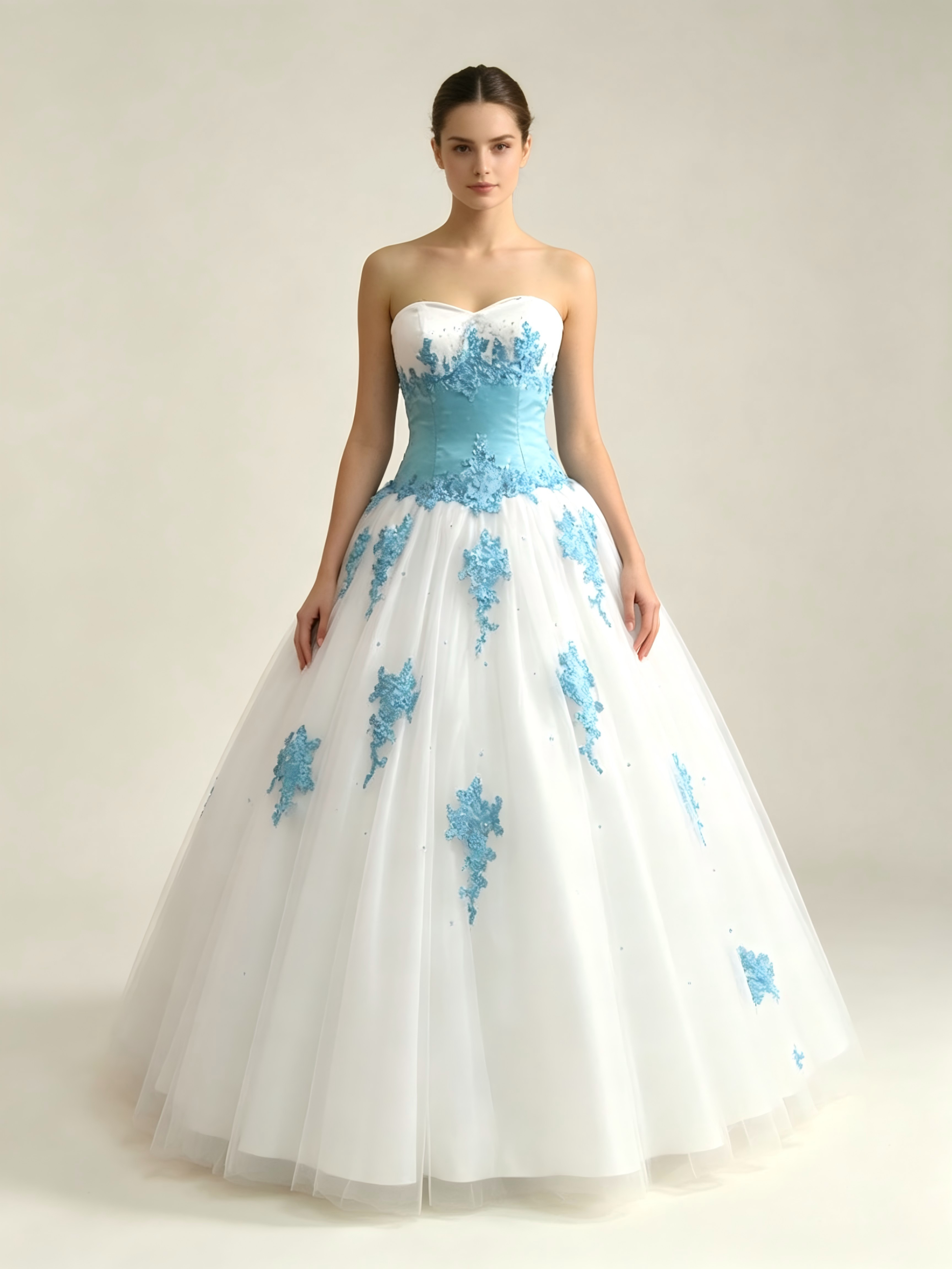 White & Blue Quinceanera Ball Gown | Sweetheart Tulle Dress with Blue Lace Appliqués