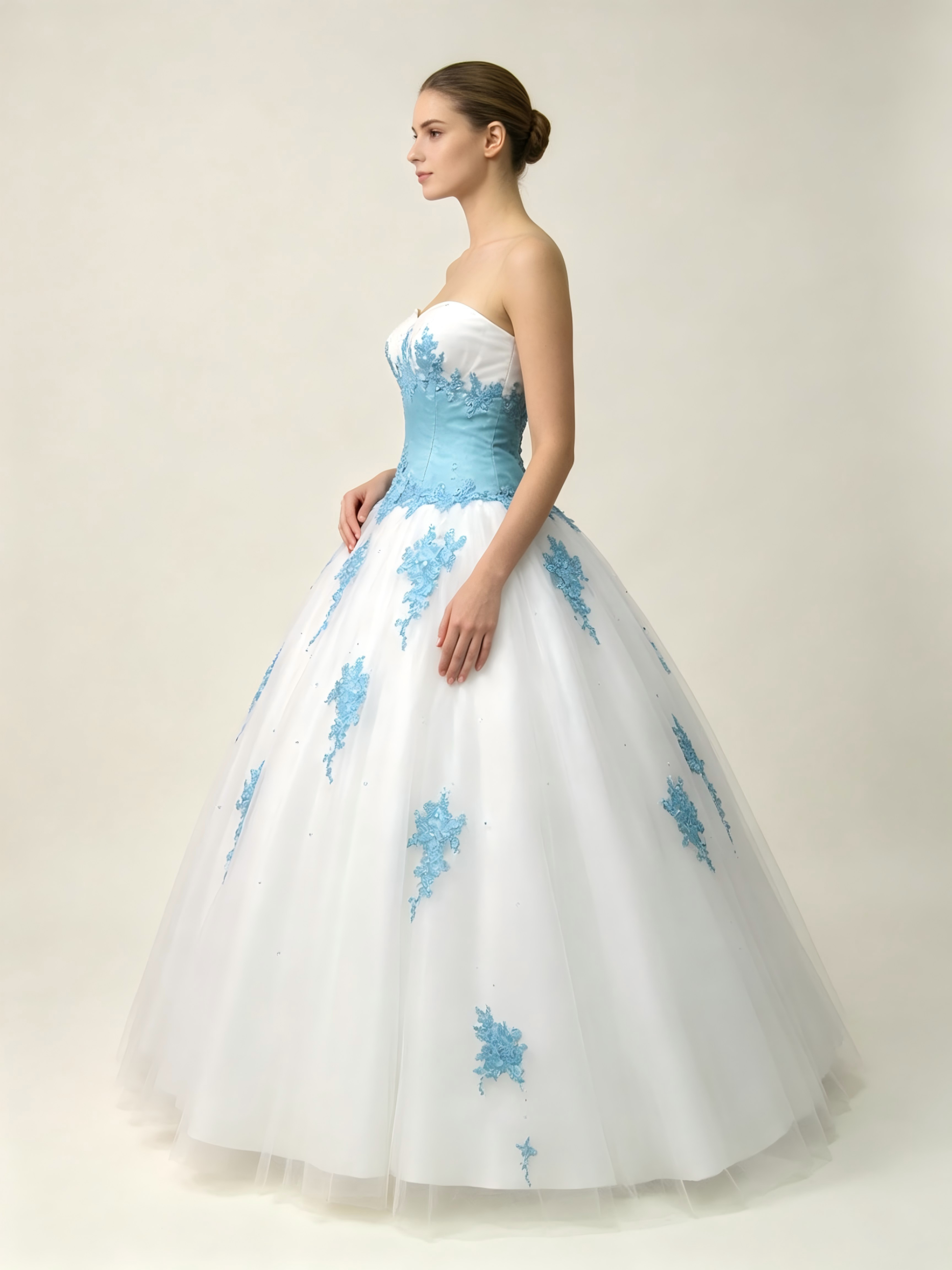 White & Blue Quinceanera Ball Gown | Sweetheart Tulle Dress with Blue Lace Appliqués