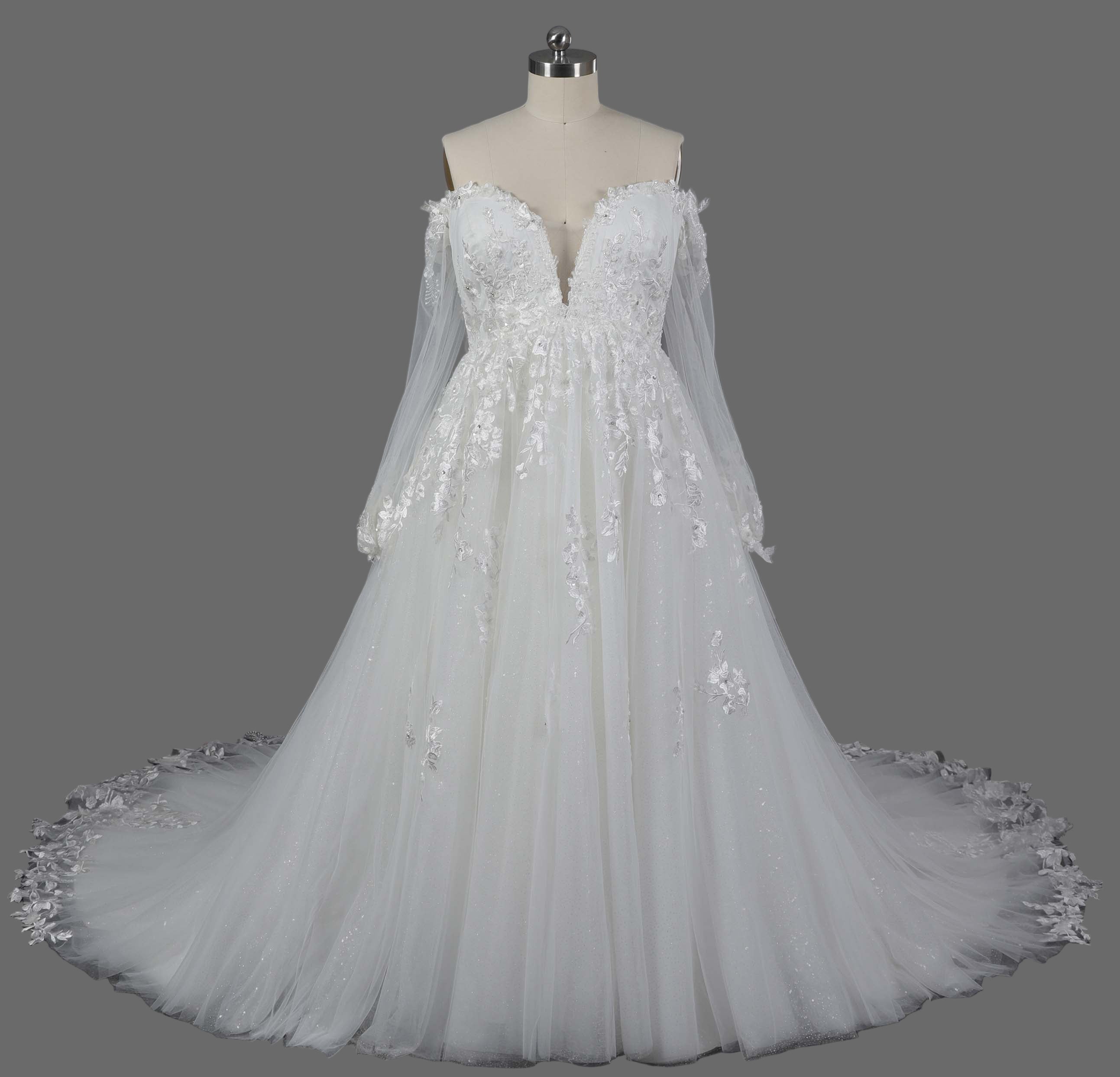 White Lace A-Line Wedding Dress with Off-Shoulder Long Sleeves and Cathedral Train