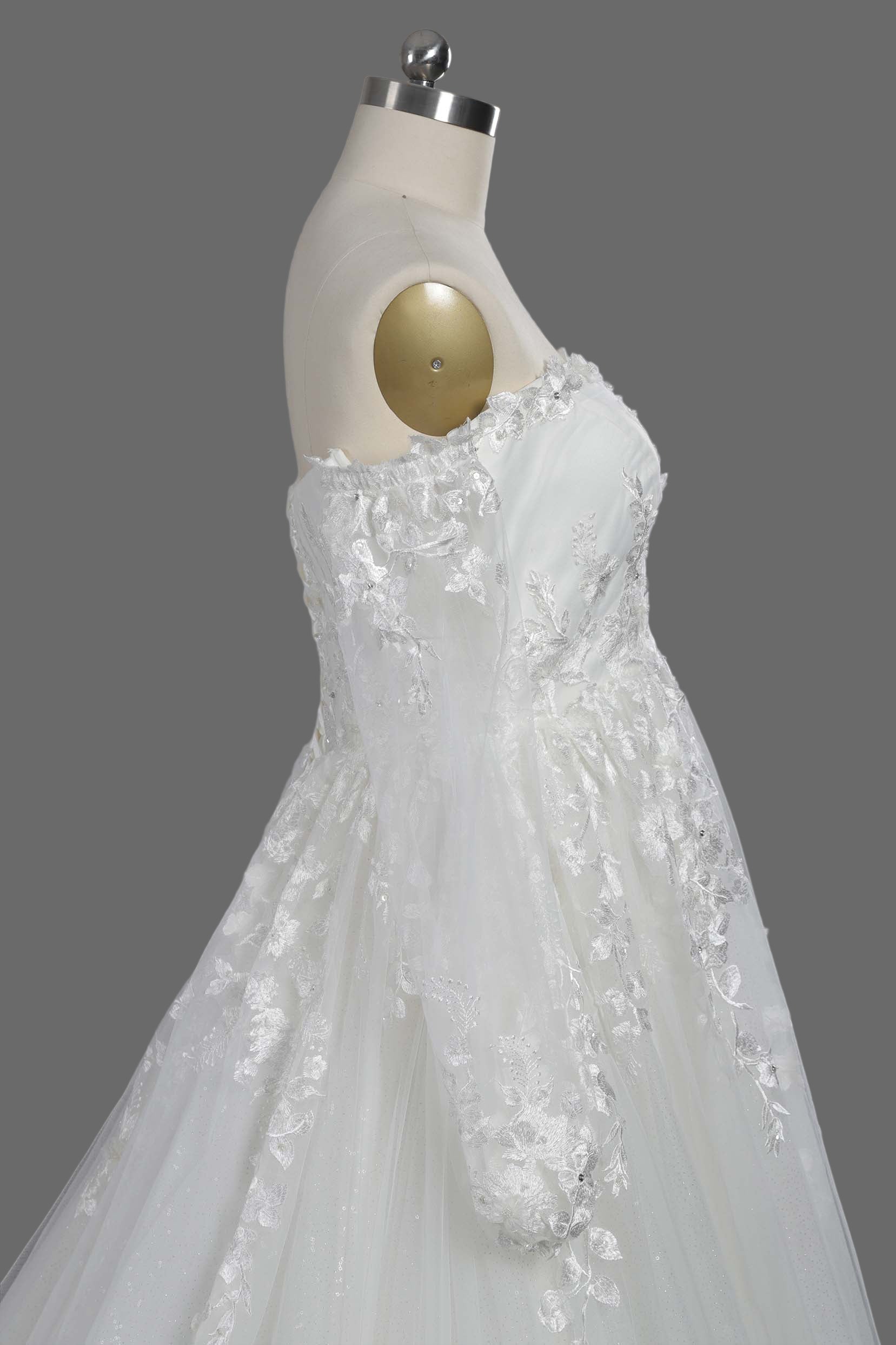 White Lace A-Line Wedding Dress with Off-Shoulder Long Sleeves and Cathedral Train