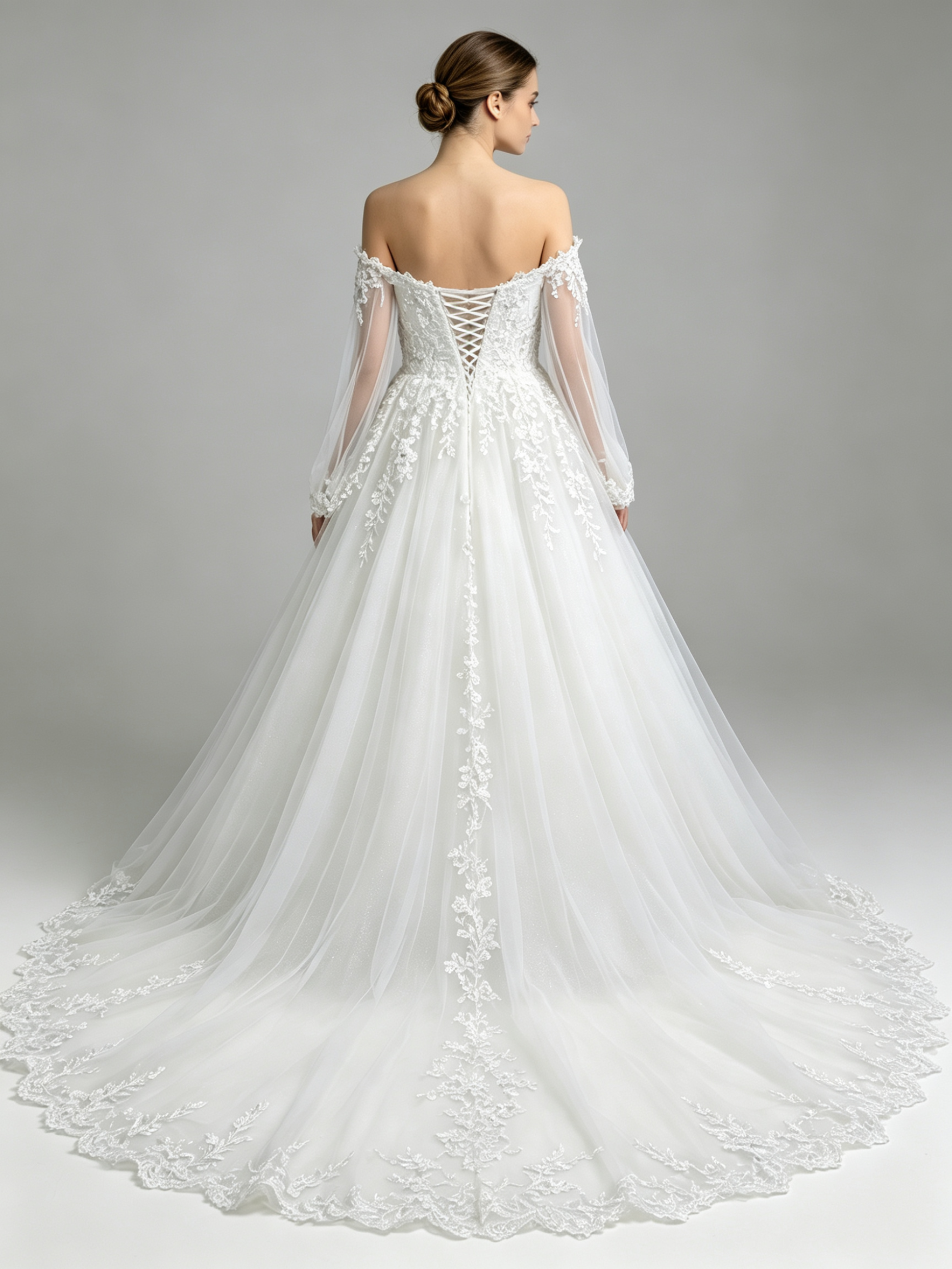 White Lace A-Line Wedding Dress with Off-Shoulder Long Sleeves and Cathedral Train