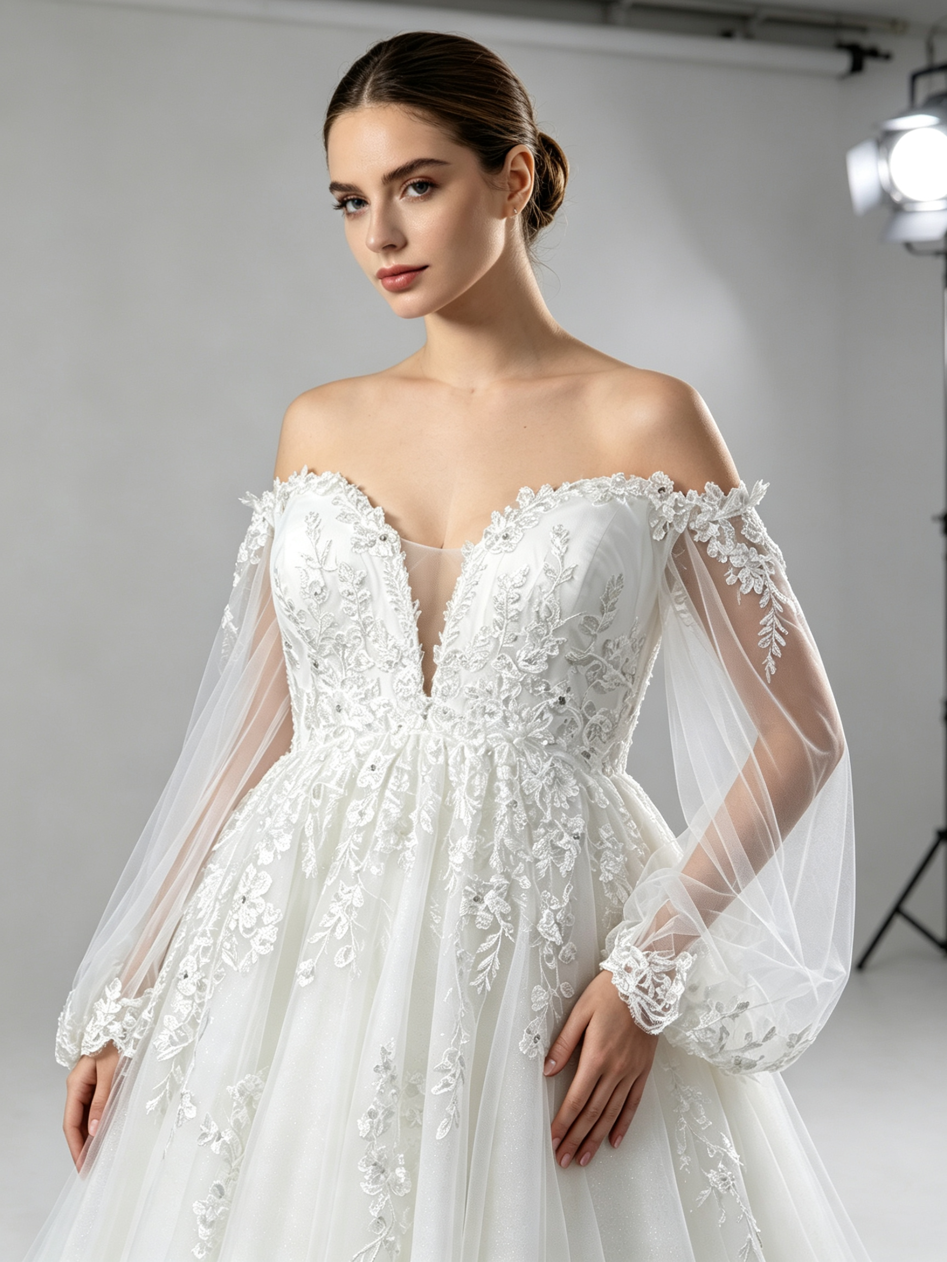 White Lace A-Line Wedding Dress with Off-Shoulder Long Sleeves and Cathedral Train